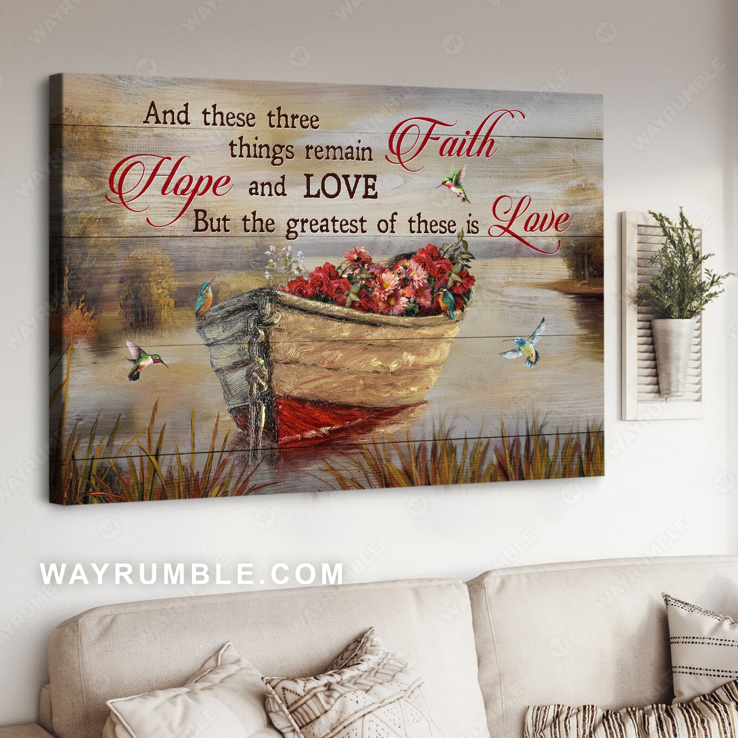 Couple, Hummingbird, Flower Boat, River - Faith, Hope and Love Landscape Canvas Prints, Wall Art