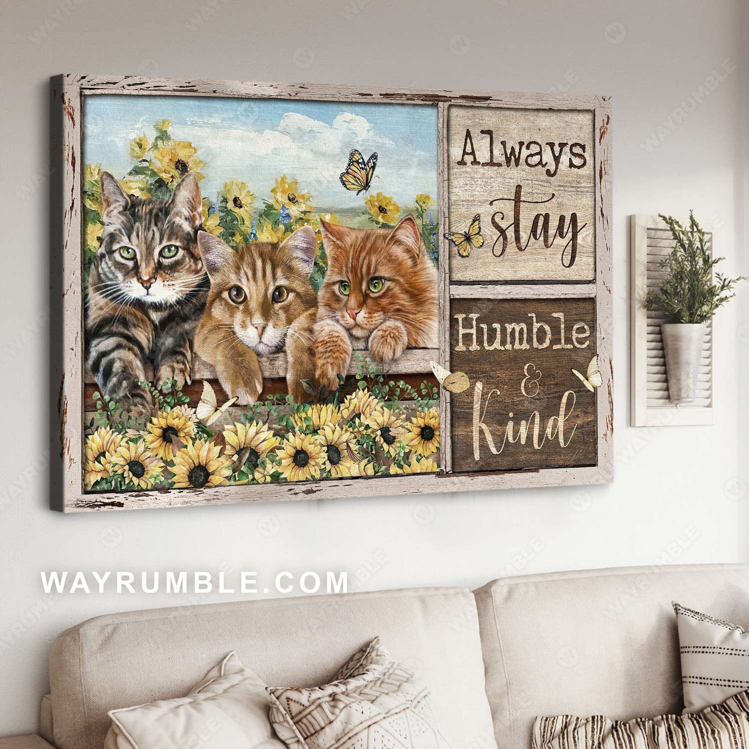 Tabby cat, Sunflower field, Beautiful butterfly, Always stay humble and kind - Jesus Landscape Canvas Prints, Christian Wall Art