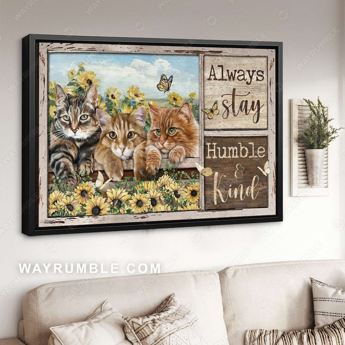 Tabby cat, Sunflower field, Beautiful butterfly, Always stay humble and kind - Jesus Landscape Canvas Prints, Christian Wall Art