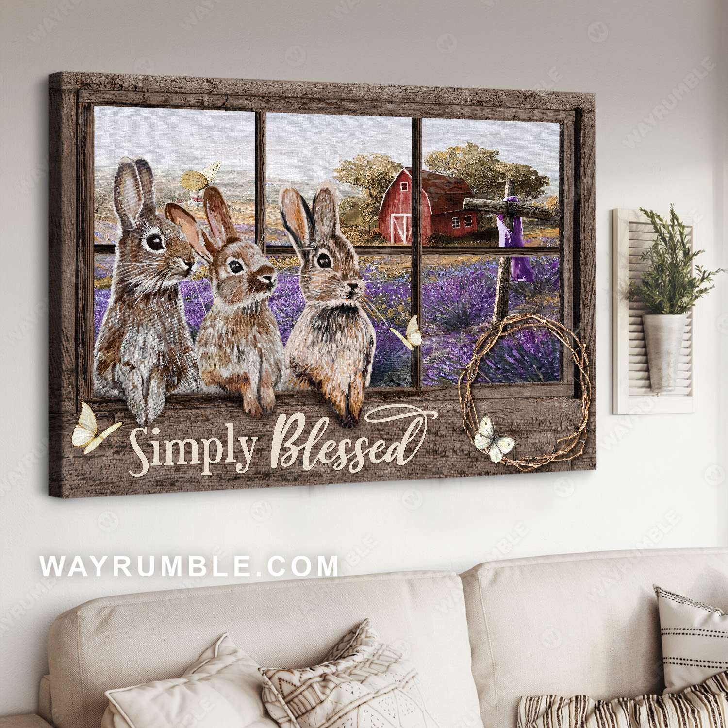 Rabbits drawing, Old barn, Cross, Lavender, Simply blessed - Jesus Landscape Canvas Prints, Christian Wall Art