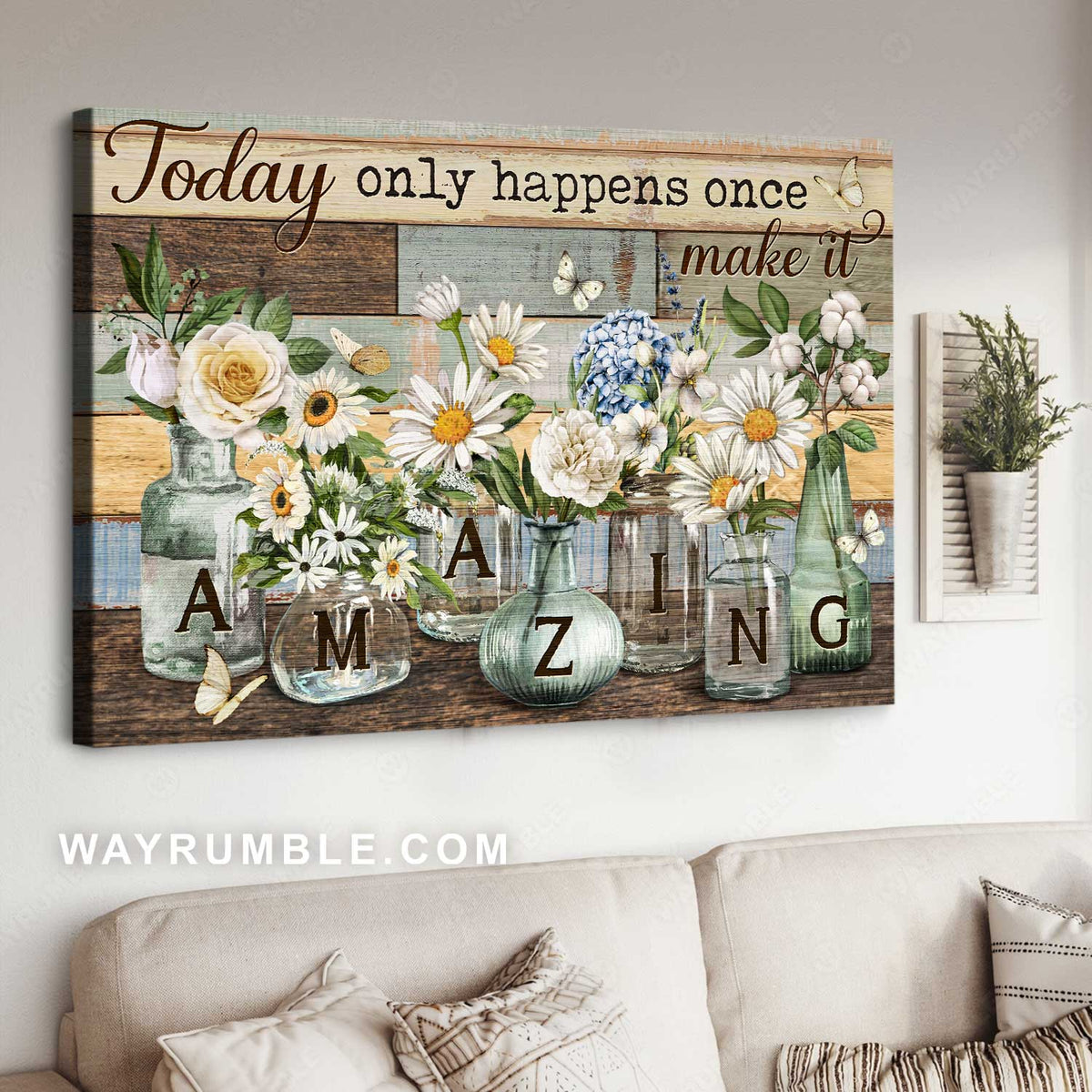 Beautiful flower, Glass vase, White butterfly, Today only happens once - Jesus Landscape Canvas Prints, Home Decor Wall Art