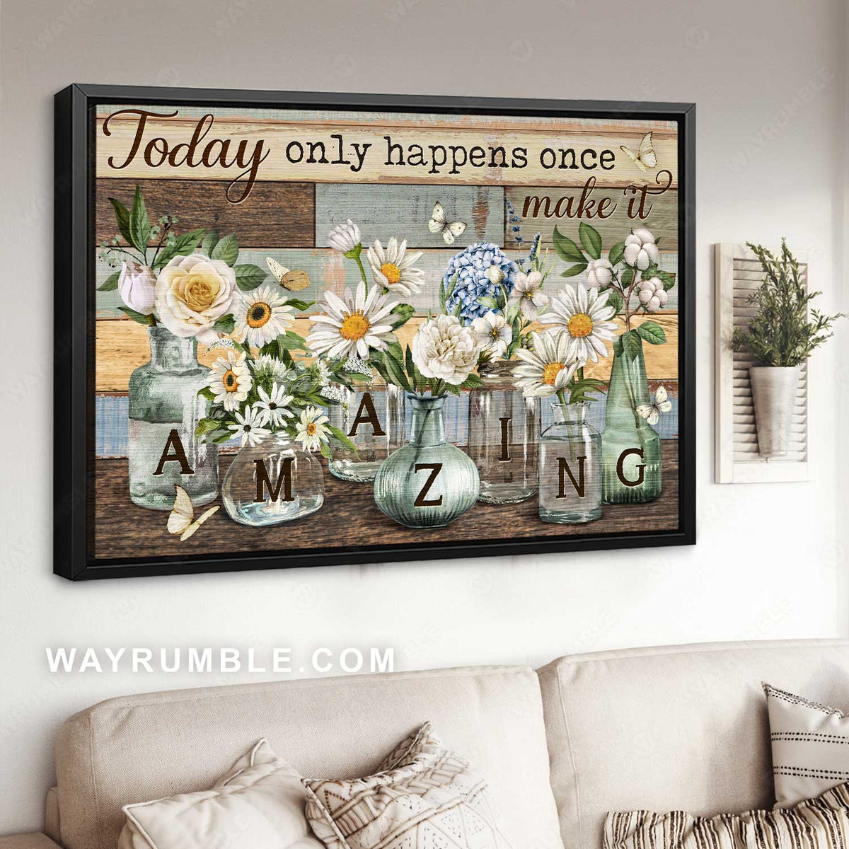 Beautiful flower, Glass vase, White butterfly, Today only happens once - Jesus Landscape Canvas Prints, Home Decor Wall Art