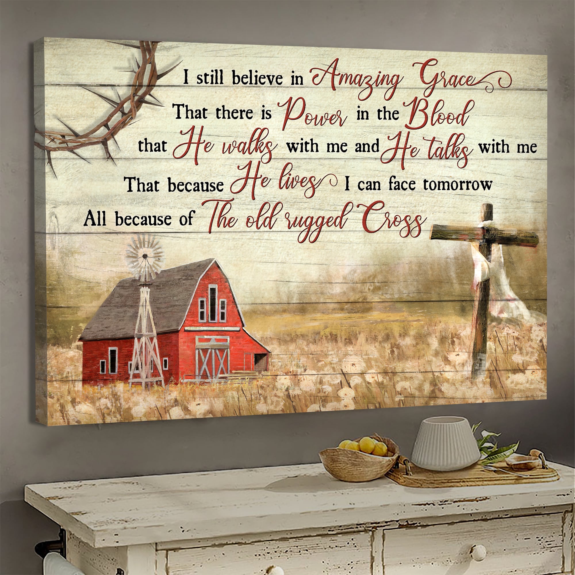 Vintage house painting, Wooden cross, I still believe in amazing grace - Jesus Landscape Canvas Prints Wall Art