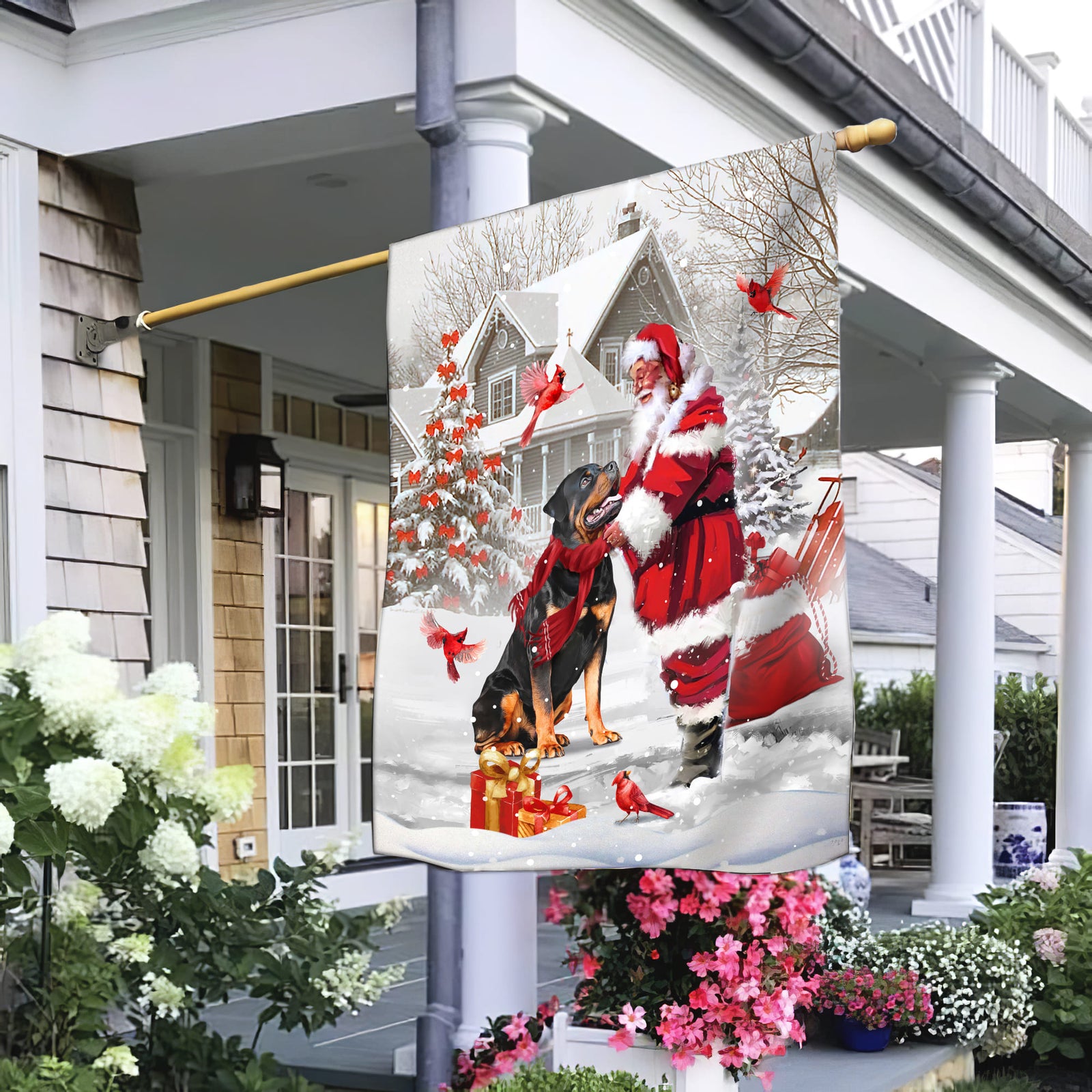 Rottweiler painting, Santa Claus, In the winter garden, Hummingbird - Christmas Flag