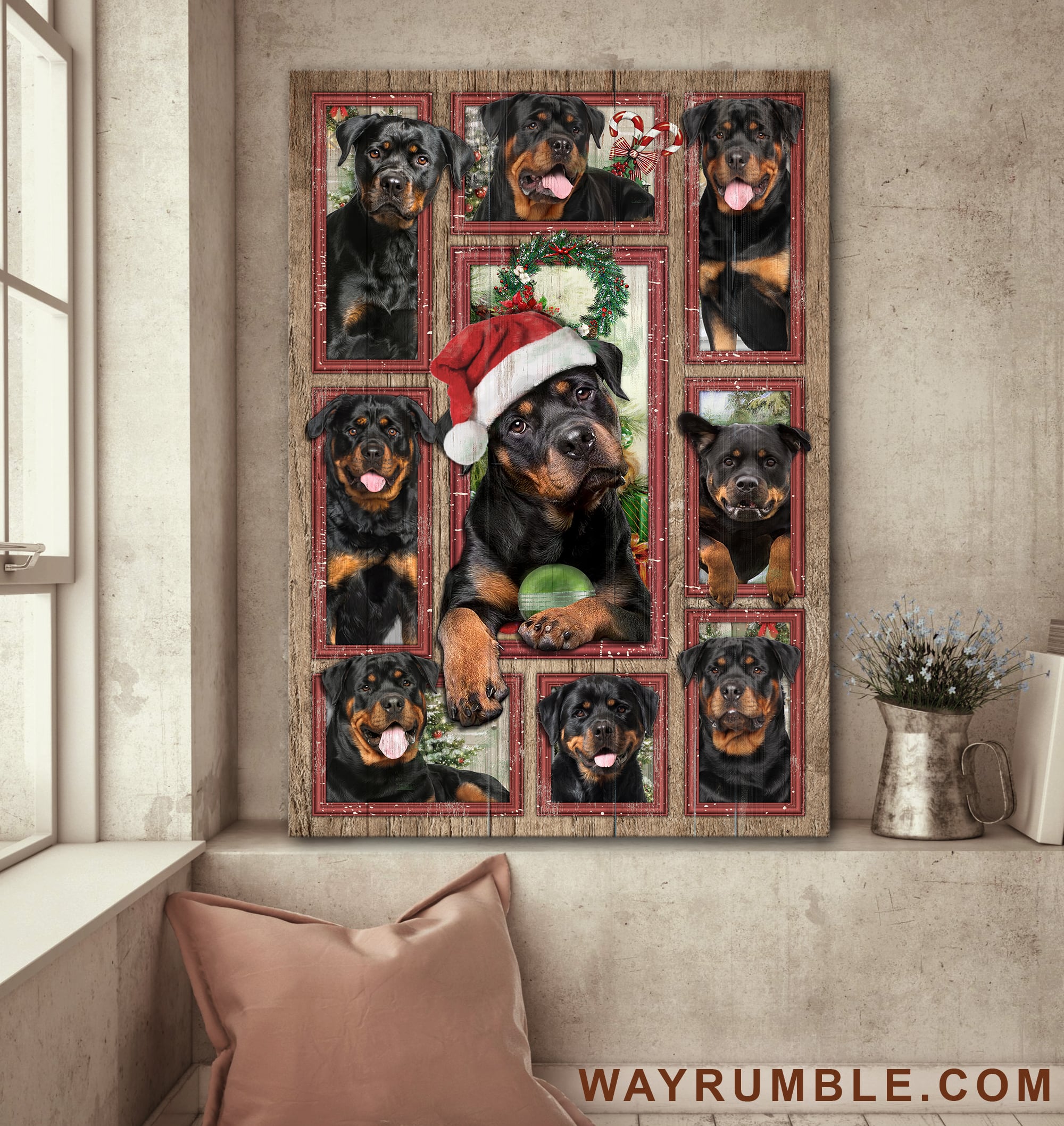 Christmas wreath, Rottweiler Picture - Dog Portrait Canvas Prints, Wall Art