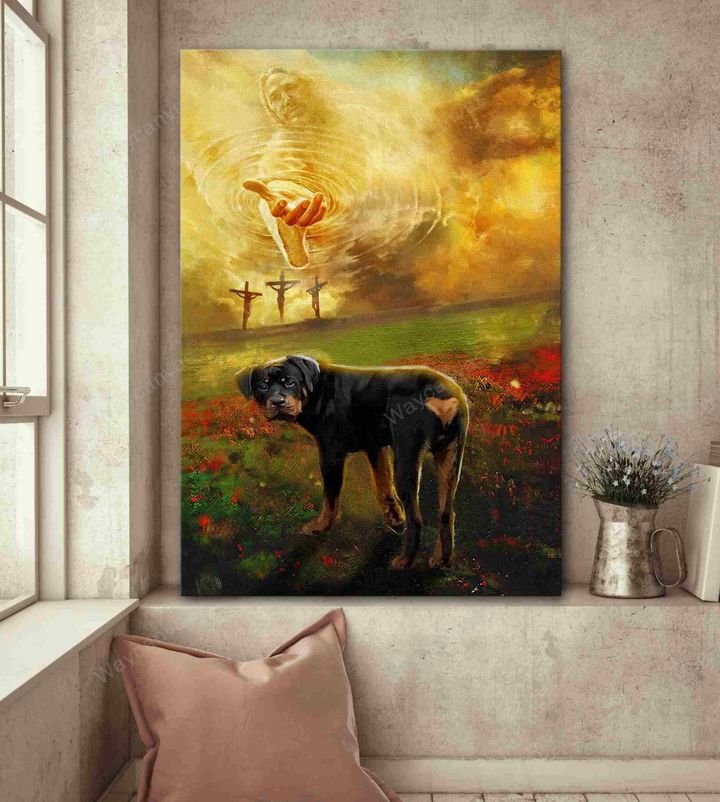 Jesus Painting, Rottweiler, Flower Field, To the beautiful world - Rottweiler Portrait Canvas Prints, Wall Art