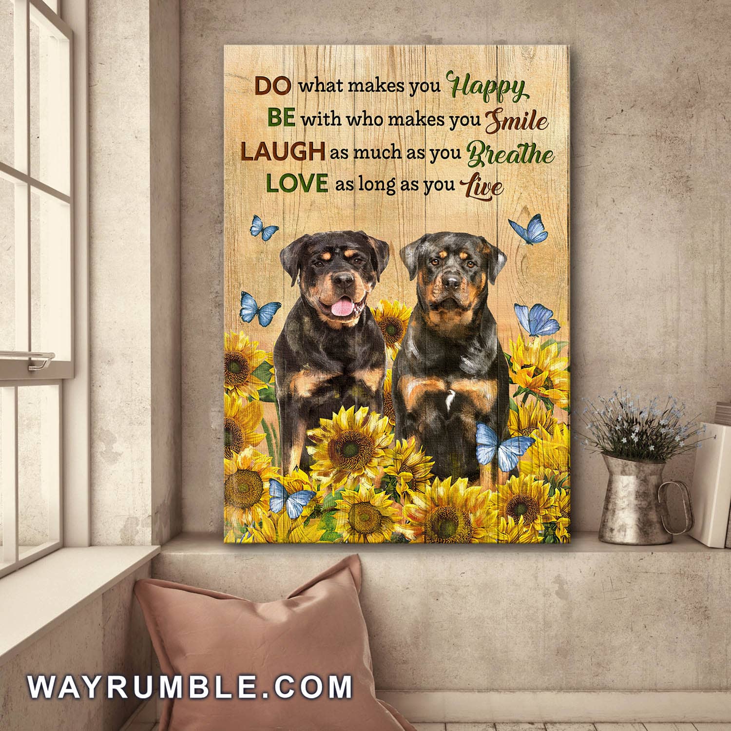 Rottweiler, Sunflower Field, Butterfly, Love as long as you live - Dog Portrait Canvas Prints, Wall Art
