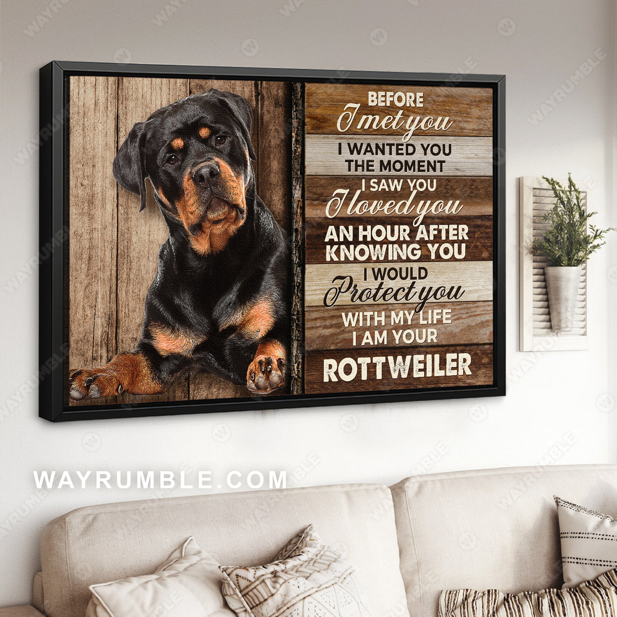 Rottweiler painting, Wooden background, Before I met you - Dog Landscape Canvas Prints, Wall Art