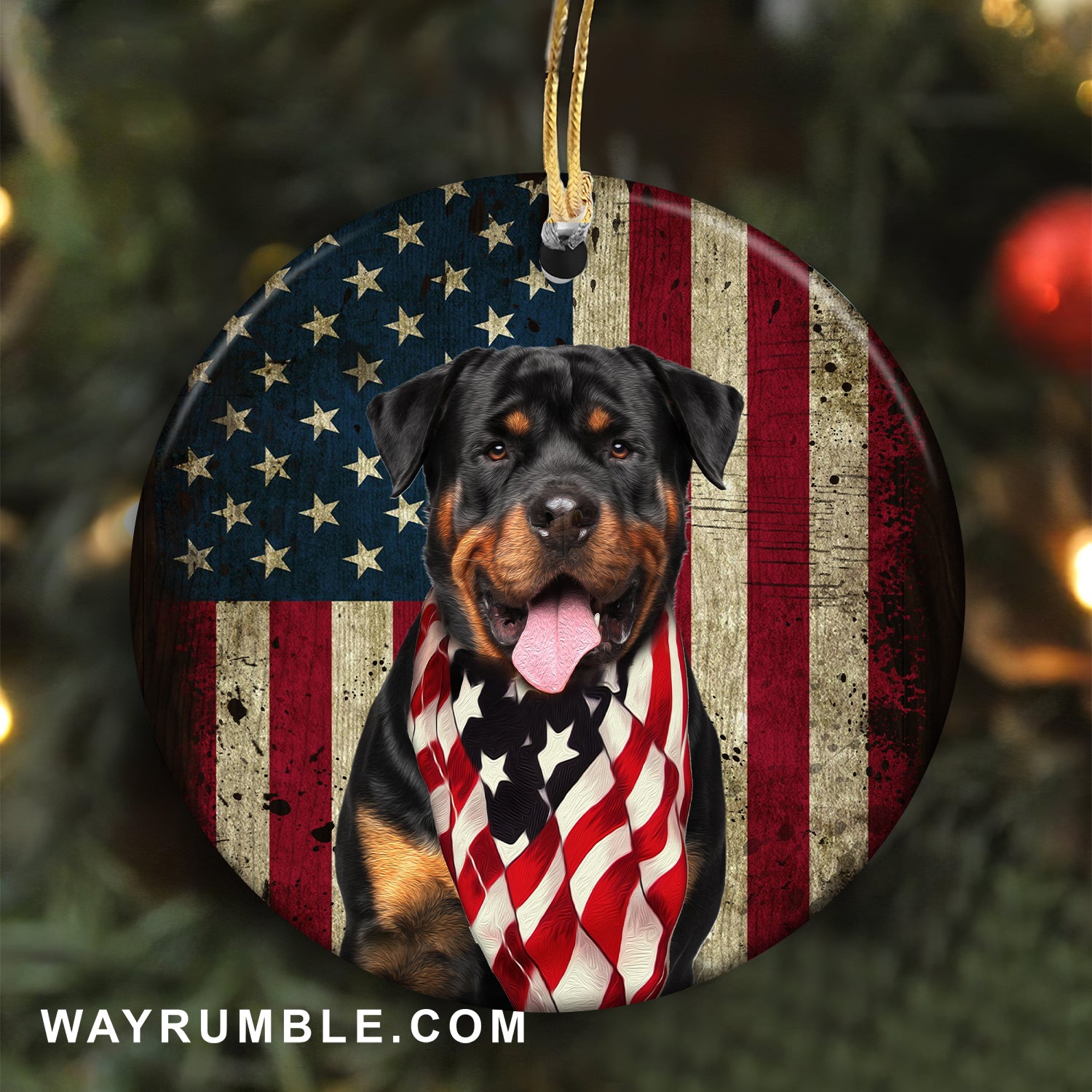Rottweiler - Happy face with the US flag - Circle Ceramic Ornament