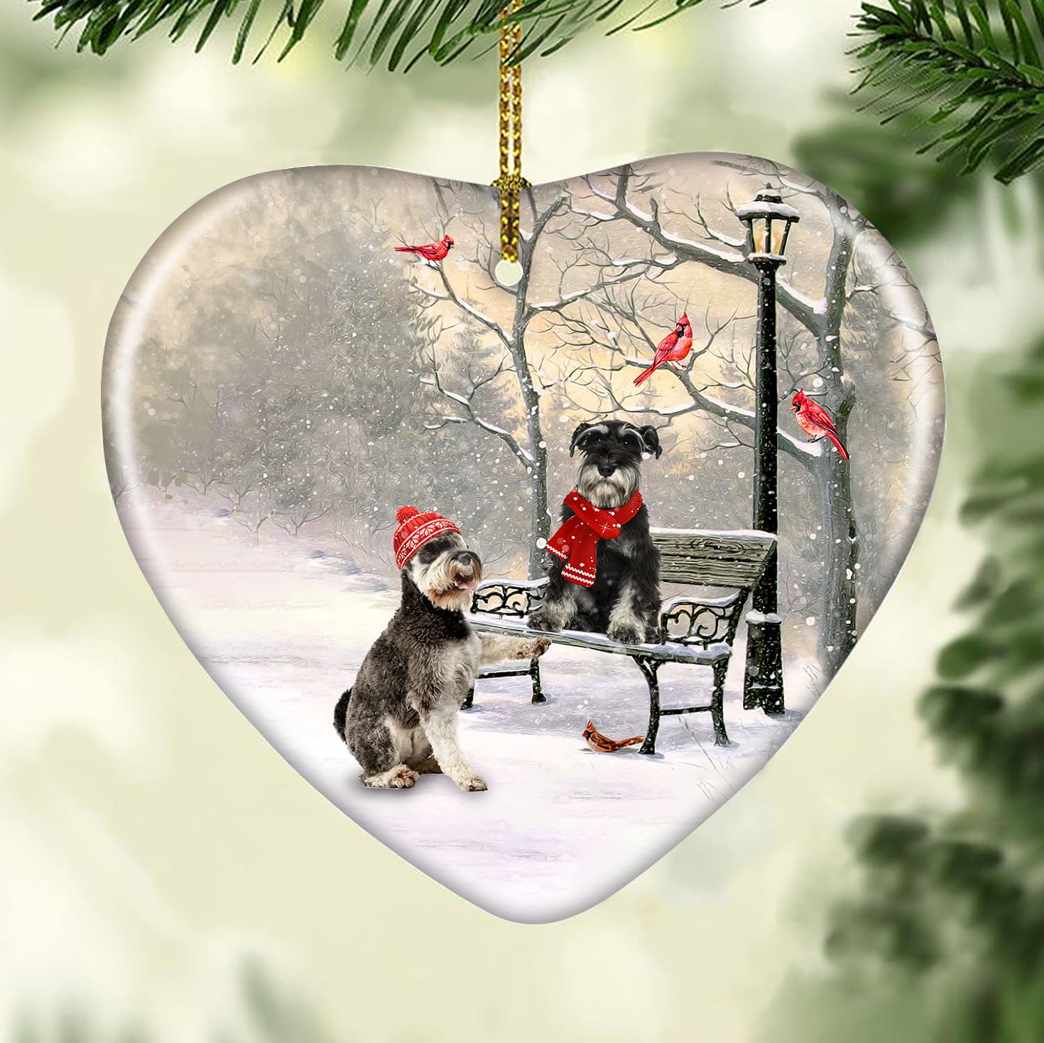 Pet painting, Schnauzer in winter, Christmas is coming - Ceramic Heart Ornament