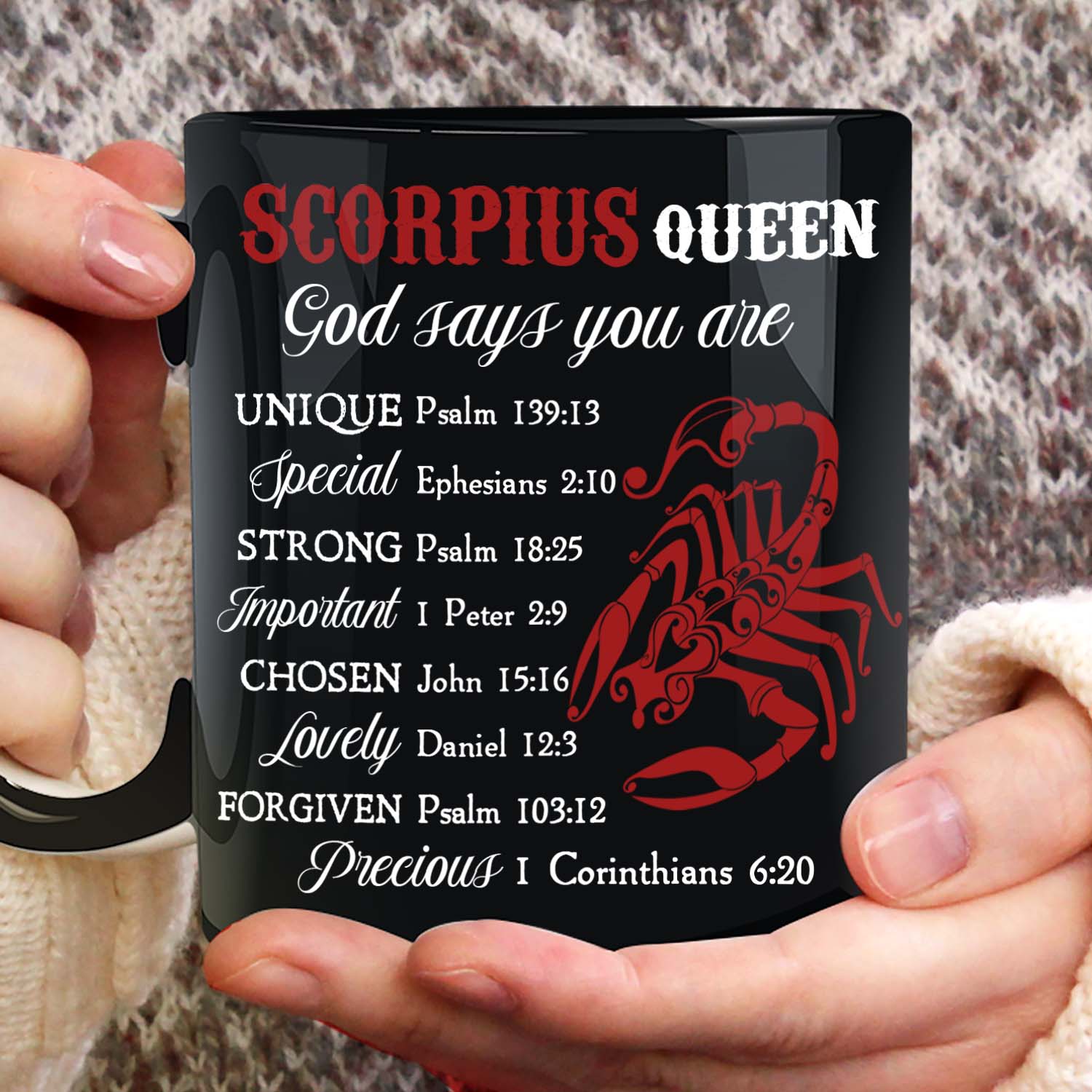 Scorpius Queen, God says you are unique - Jesus, Zodiac Signs Black Mug