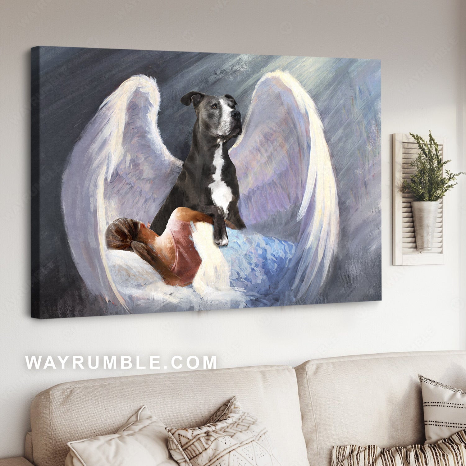 Custom - Sleeping girl, Pit bull, Beautiful Wings, I'll protect you - Pit bull Landscape Canvas Prints, Wall Art