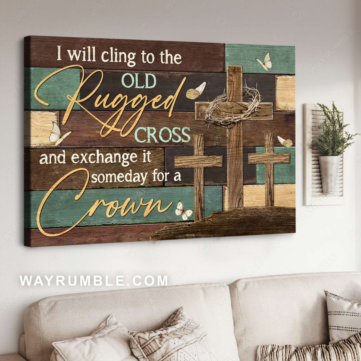 Old rugged cross, Thorn crown, Wooden blocks, I will cling to the old rugged cross - Jesus Landscape Canvas Prints, Christian Wall Art