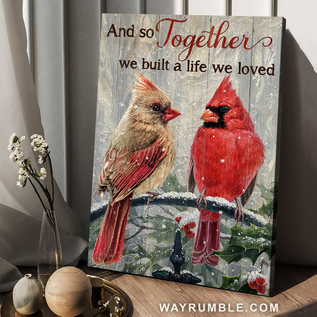 Cardinal Couple, Snow Branch - And so Together Portrait Canvas Prints, Wall Art