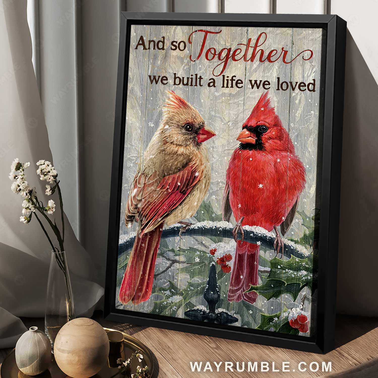 Cardinal Couple, Snow Branch - And so Together Portrait Canvas Prints, Wall Art