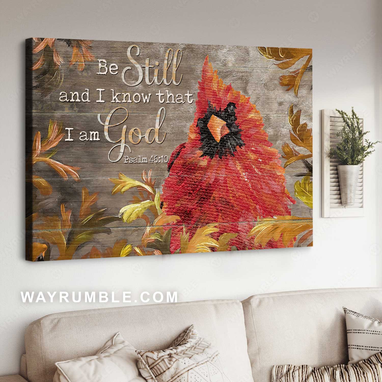 Red cardinal, Autumn leaves, Watercolor painting, Be still and know that I am God - Jesus Landscape Canvas Prints, Home Decor Wall Art