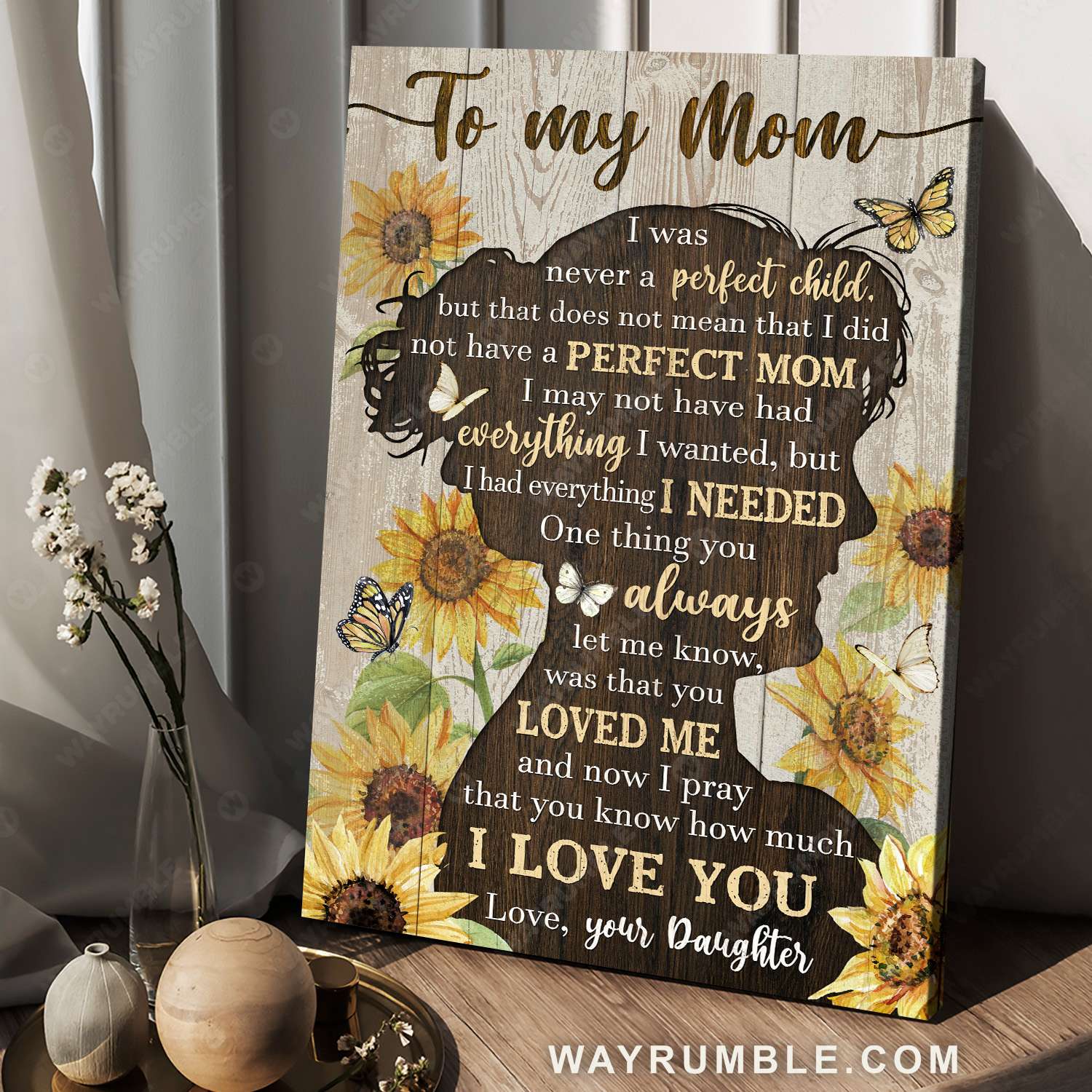 Daughter to mom, Sunflower, White butterfly, Monarch butterfly, I love you mom - Family Portrait Canvas Prints, Wall Art