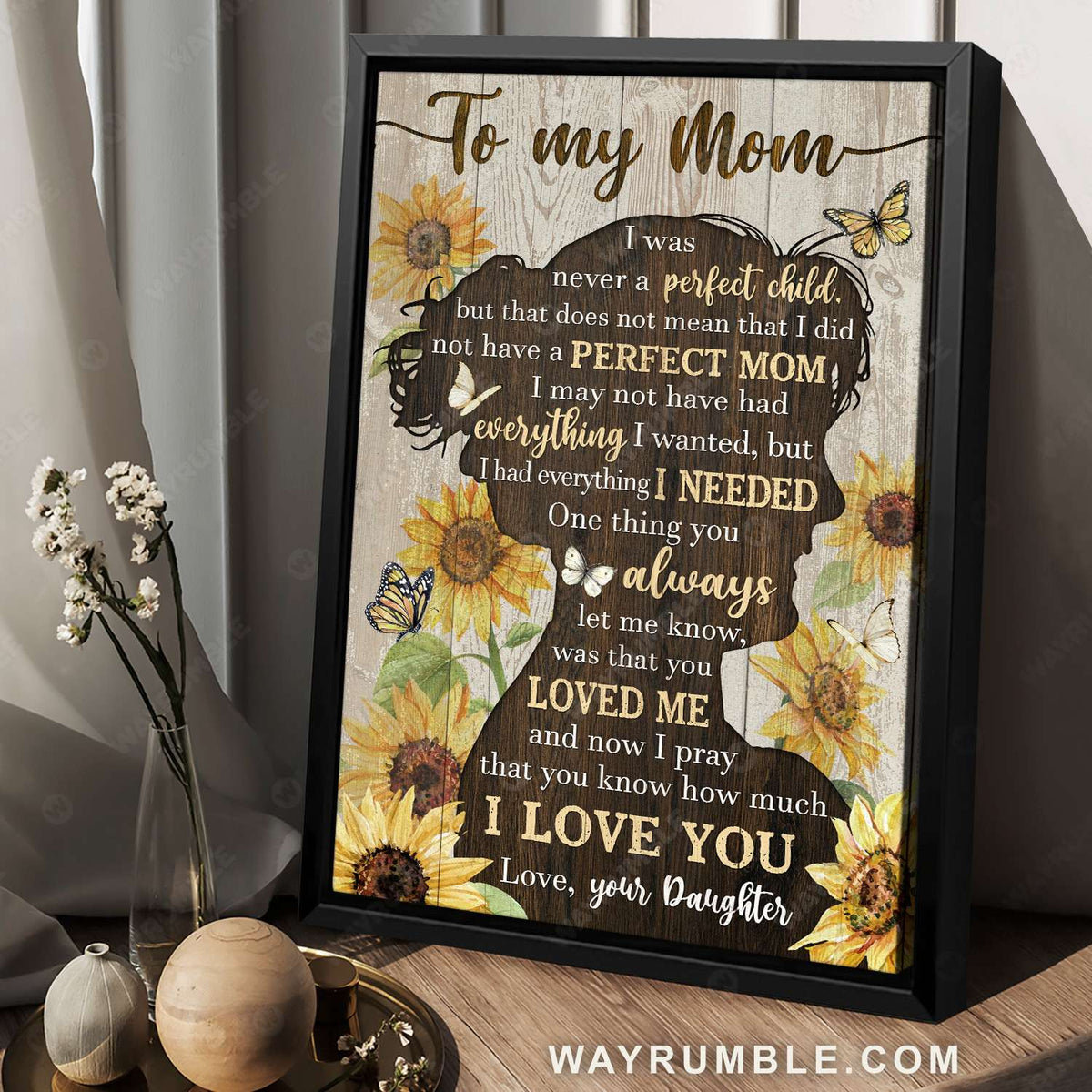 Daughter to mom, Sunflower, White butterfly, Monarch butterfly, I love you mom - Family Portrait Canvas Prints, Wall Art