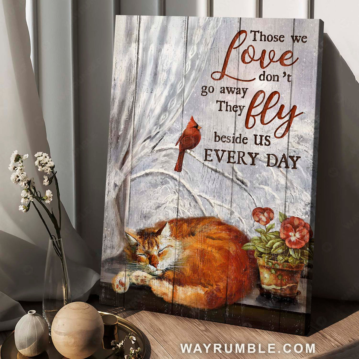 Cat painting, Red cardinal, Flower pot, Those we love don&#39;t go away - Jesus Portrait Canvas Prints, Home Decor Wall Art