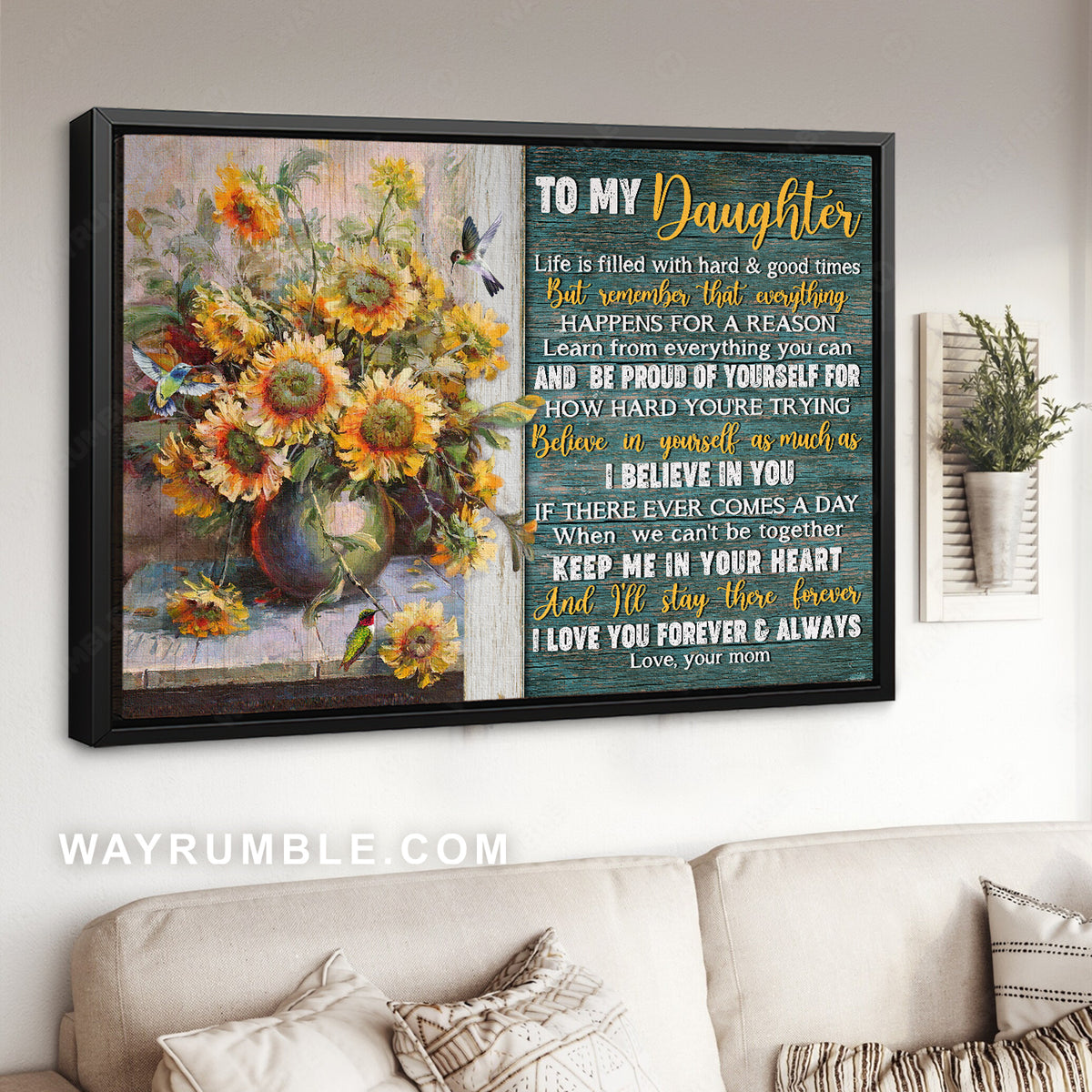 Mom to daughter, Sunflower vase, Still life drawing, I believe in you - Family Landscape Canvas Prints, Wall Art