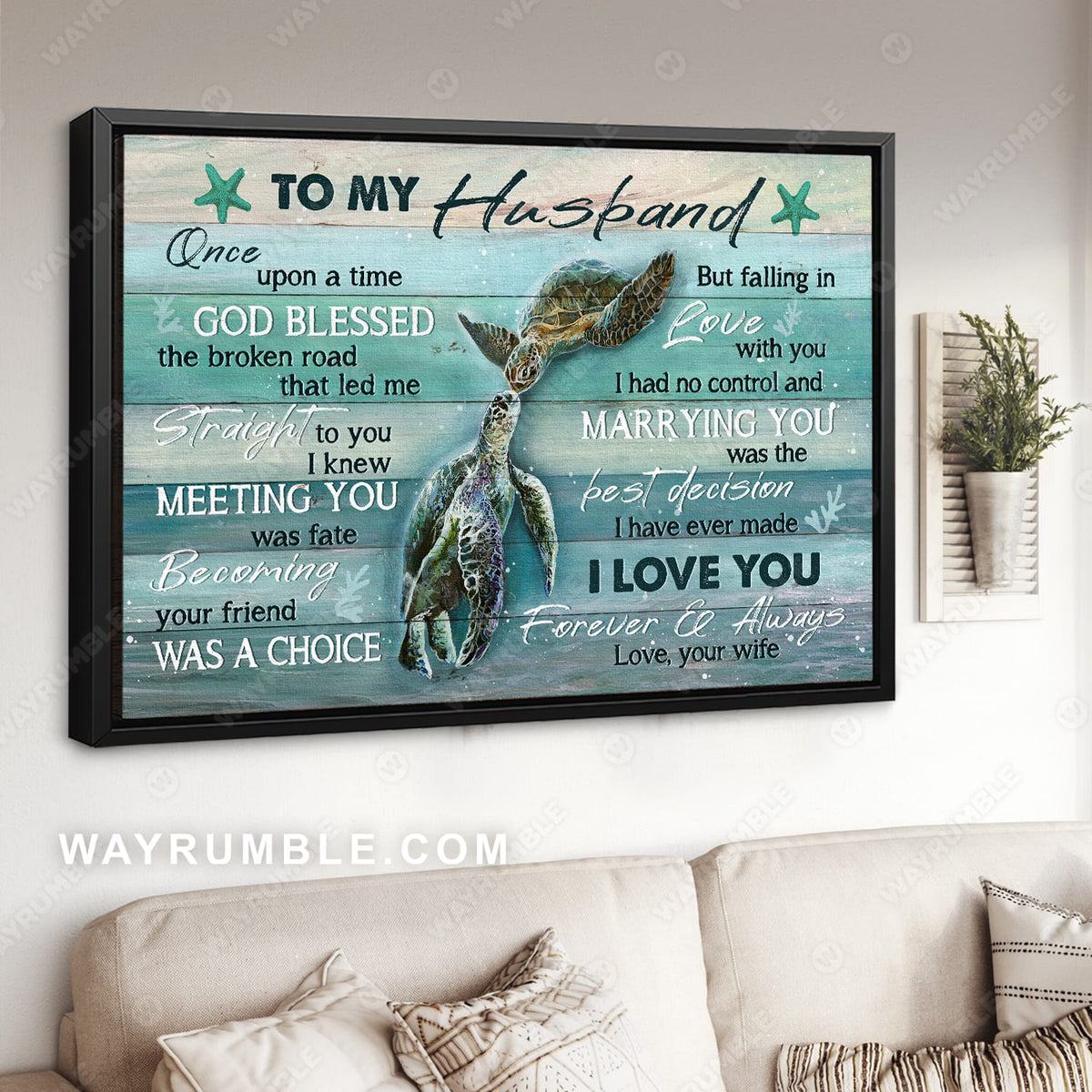 To my husband, Sea turtle painting, Blue ocean drawing, Starfish, I love you forever and always - Jesus Landscape Canvas Prints, Wall Art