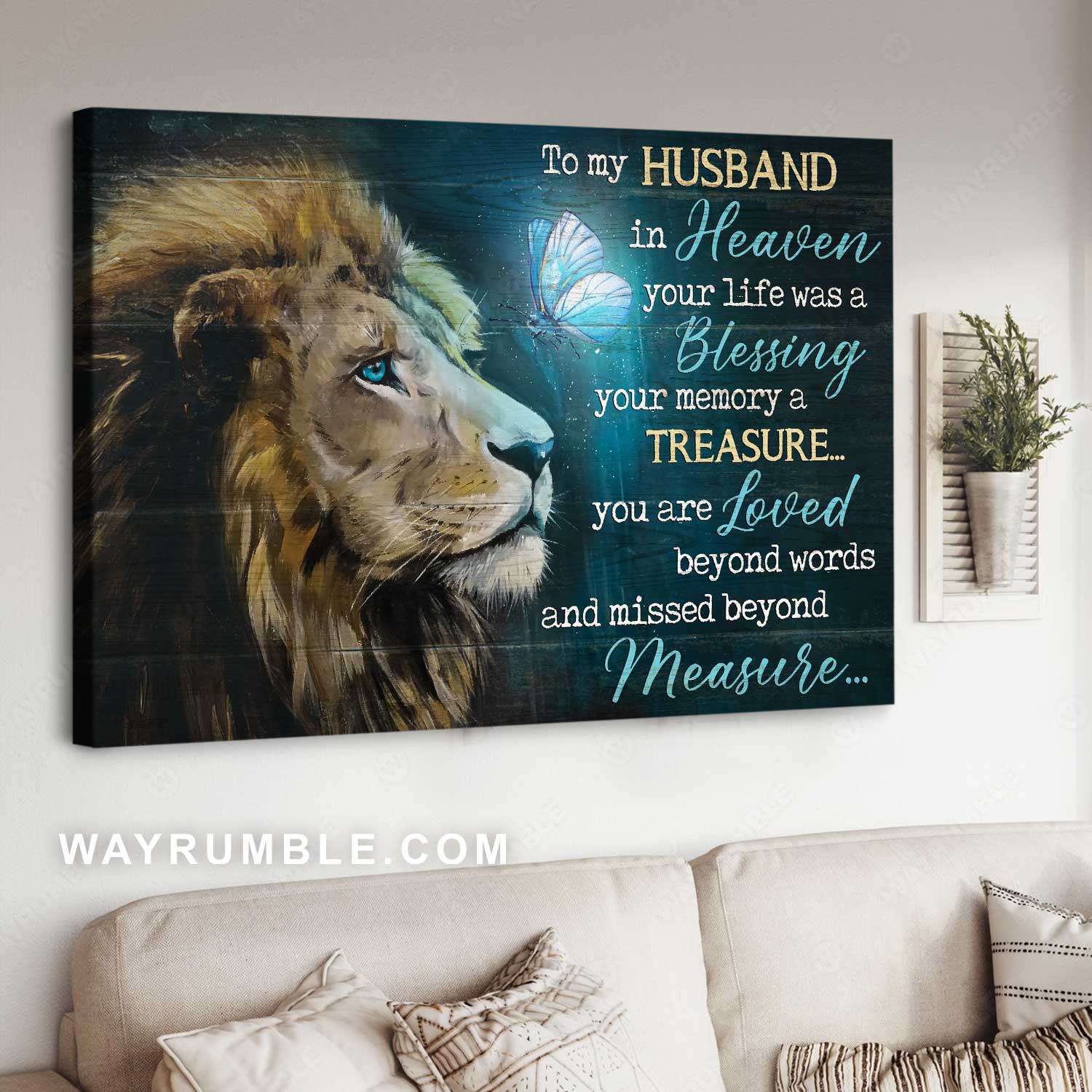 To my husband, Watercolor lion, Pretty butterfly, To my husband in heaven - Family Landscape Canvas Prints, Wall Art