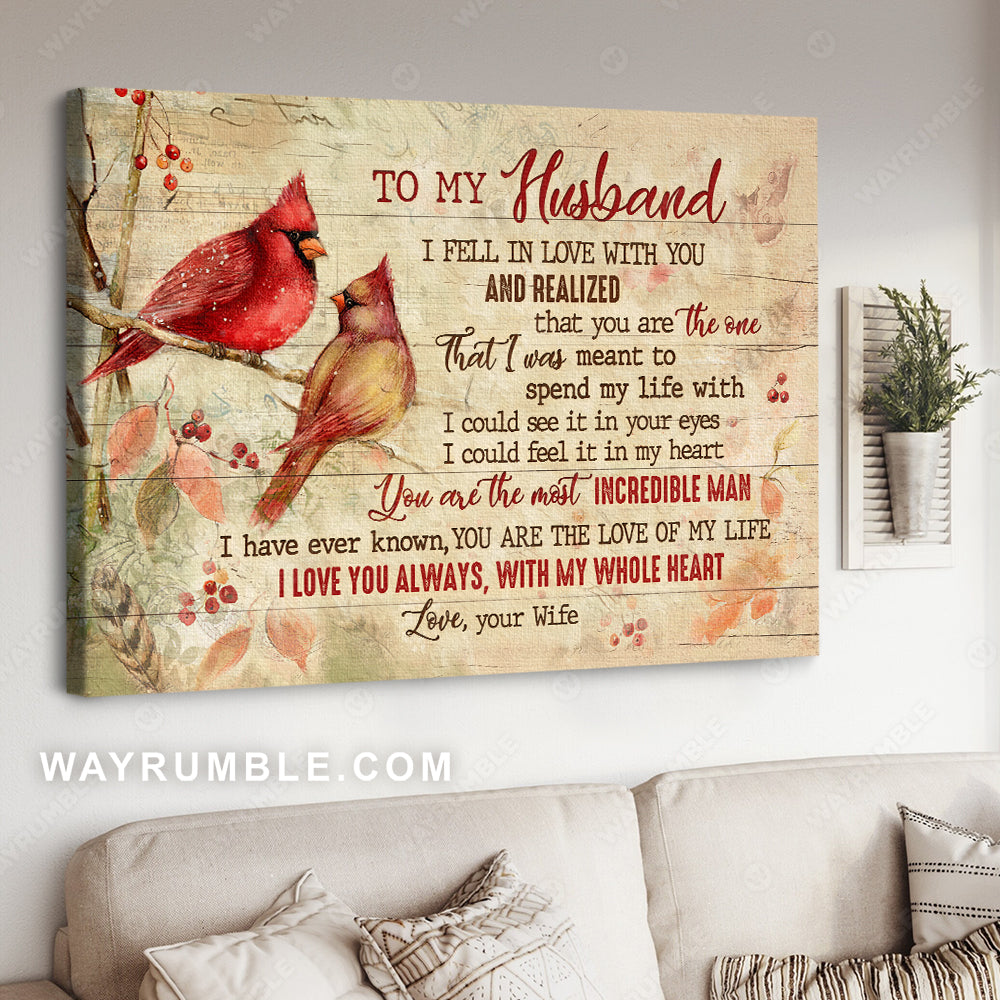 To my husband, Watercolor cardinal, Cranberry tree, I feel in love with you - Family Landscape Canvas Prints, Wall Art