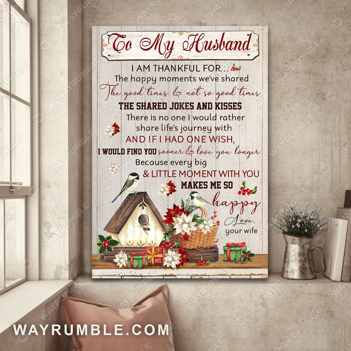 To my husband, Poinsettia flower, Bird family, I would find you sooner and love you longer - Couple Portrait Canvas Prints, Wall Art