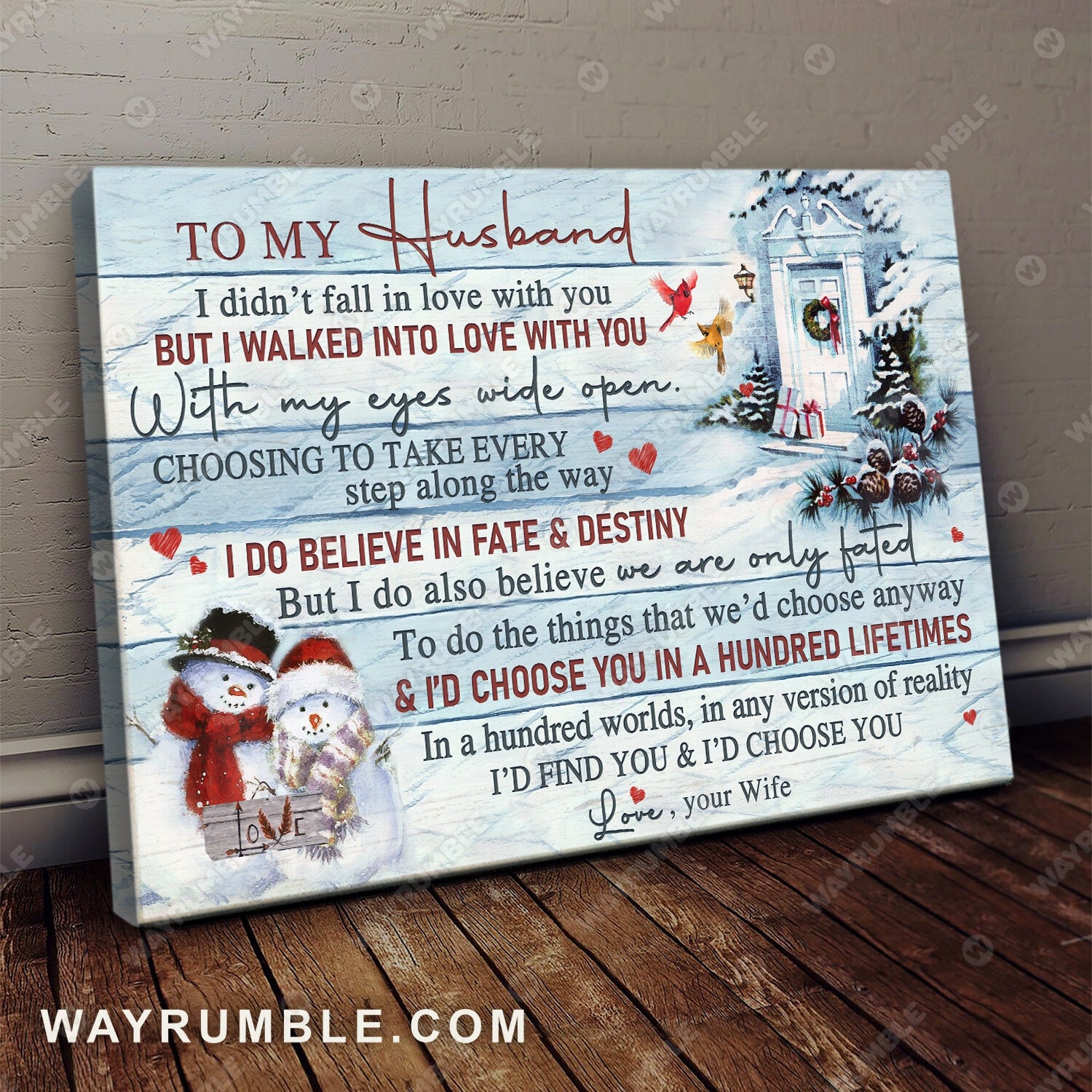 To my husband, Christmas painting, Snowman, I do believe in fate and destiny - Couple Landscape Canvas Prints, Wall Art