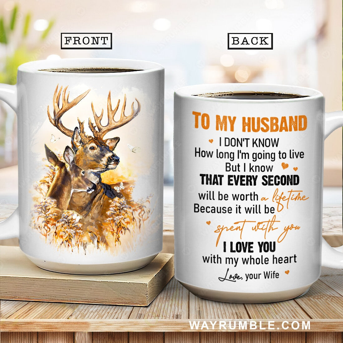 To my husband, Brown deer, Rice field, I love you with my whole heart - Couple AOP Mug