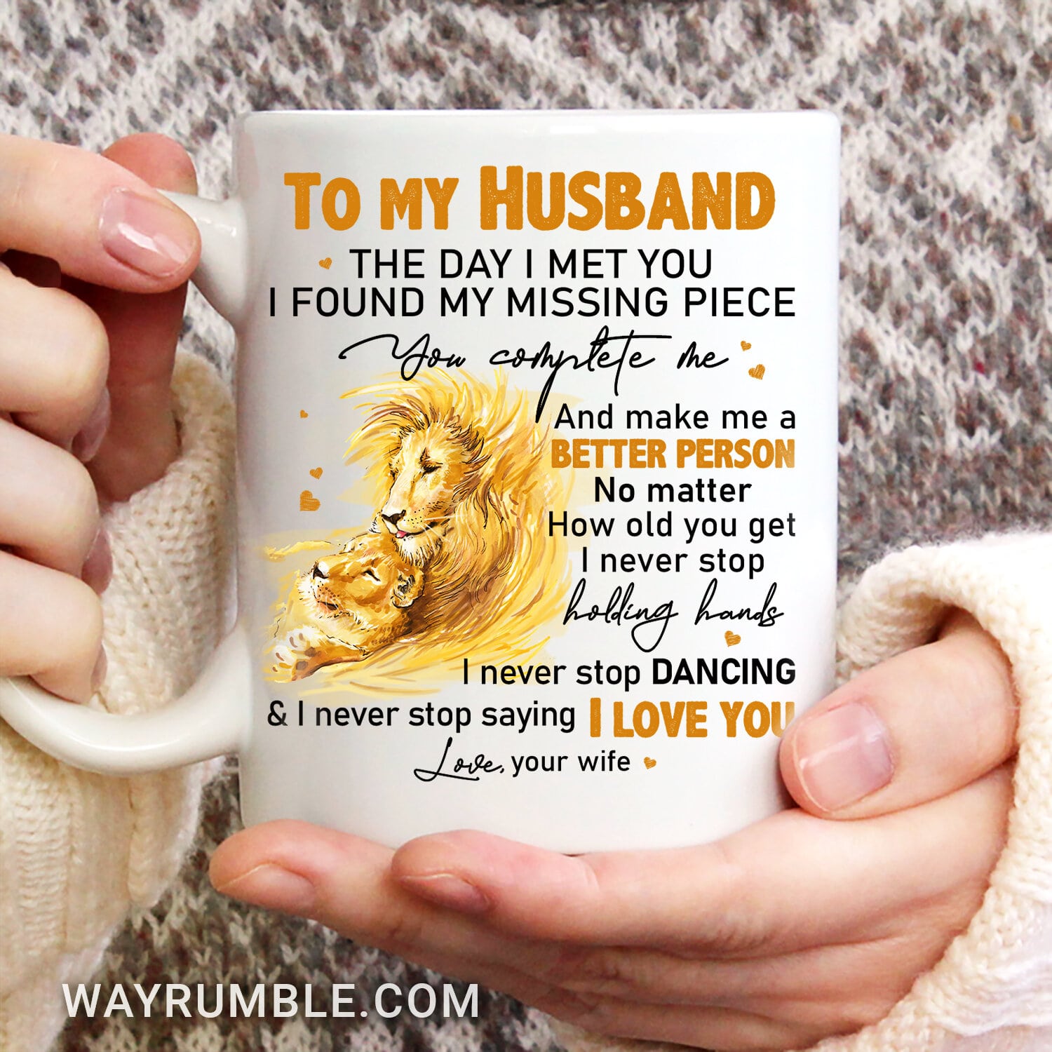 To my husband, Yellow lion drawing, I never stop saying I love you - Couple White Mug