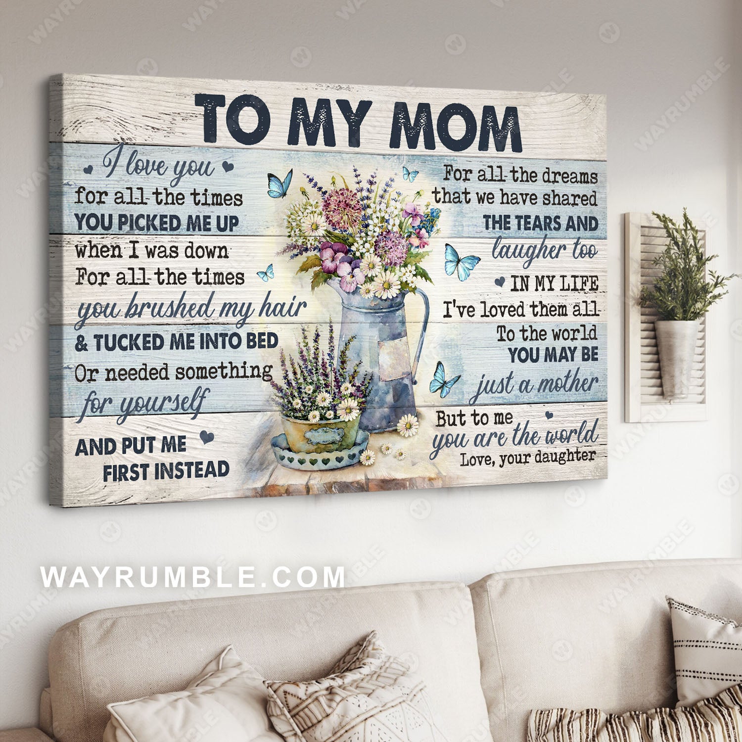 Daughter to mom, Flower vase, Blue butterfly, You are the world - Family Landscape Canvas Prints, Wall Art