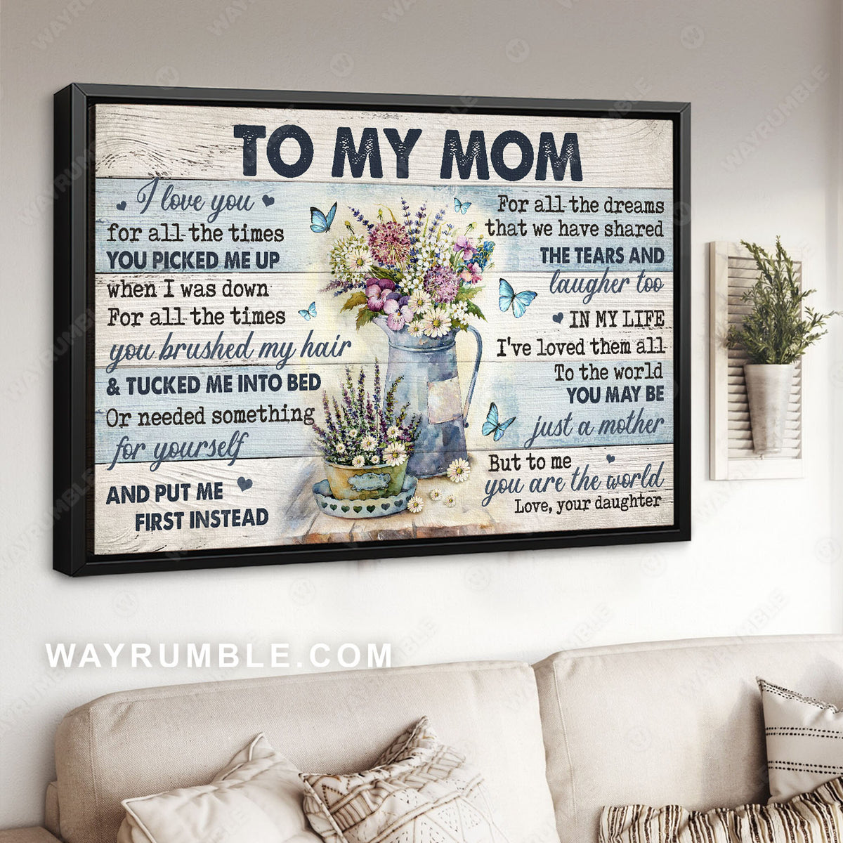 Daughter to mom, Flower vase, Blue butterfly, You are the world - Family Landscape Canvas Prints, Wall Art