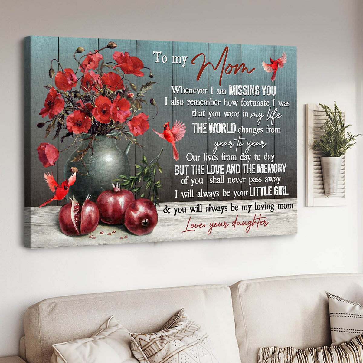 Daughter to mom, Flower vase, Vintage drawing, You will always be my loving mom - Family Landscape Canvas Prints, Wall Art