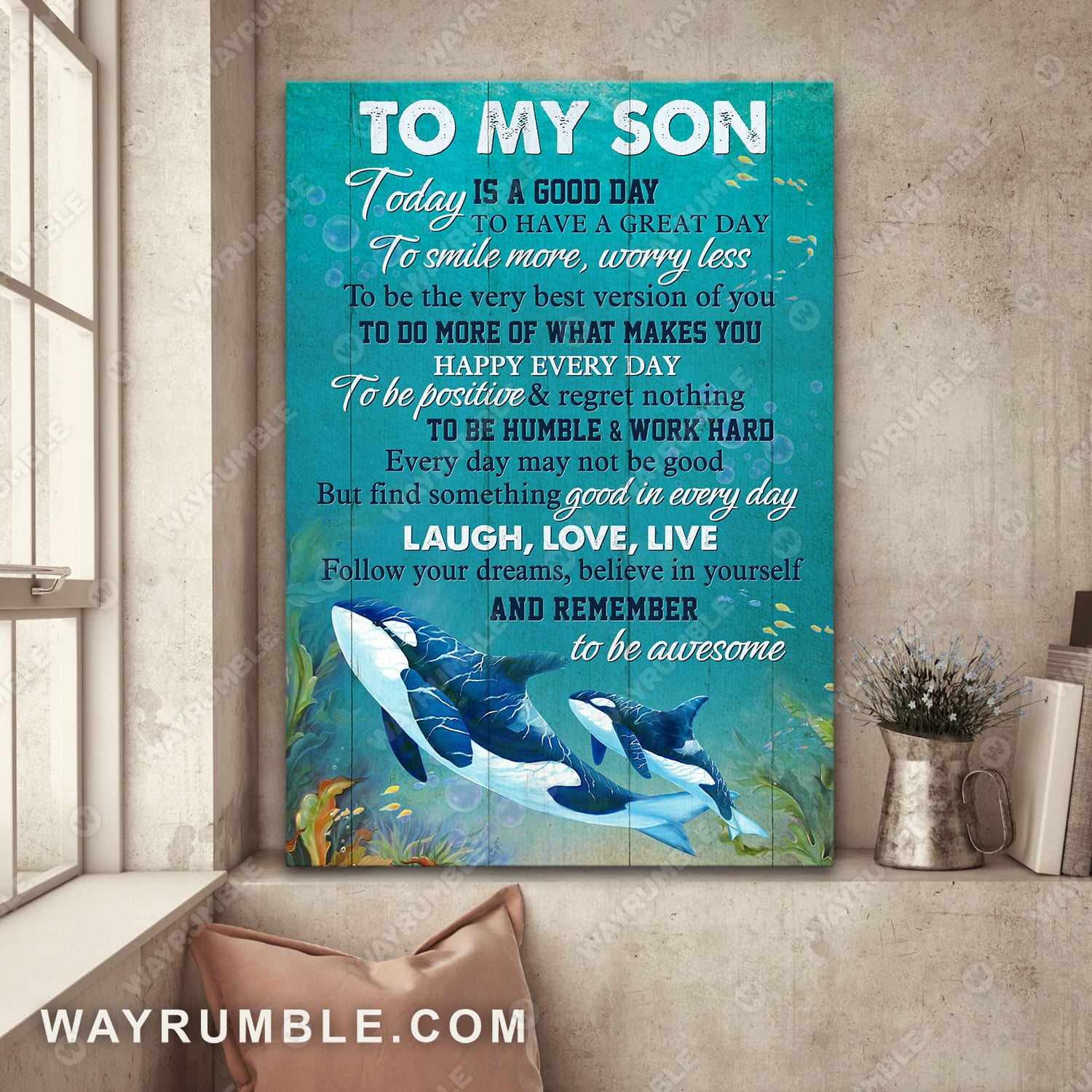 To my son, Whale drawing, Dark blue ocean, Every day may not be good - Family Portrait Canvas Prints, Wall Art