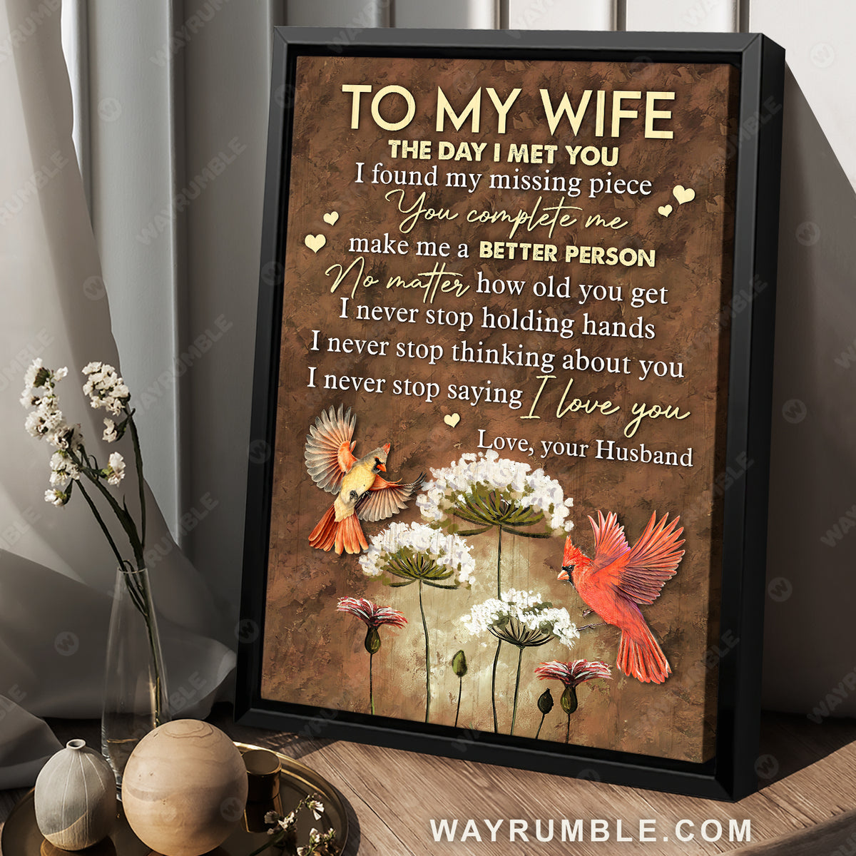 To my wife, Beautiful flower, Red cardinal, I never stop saying I love you - Couple Portrait Canvas Prints, Wall Art