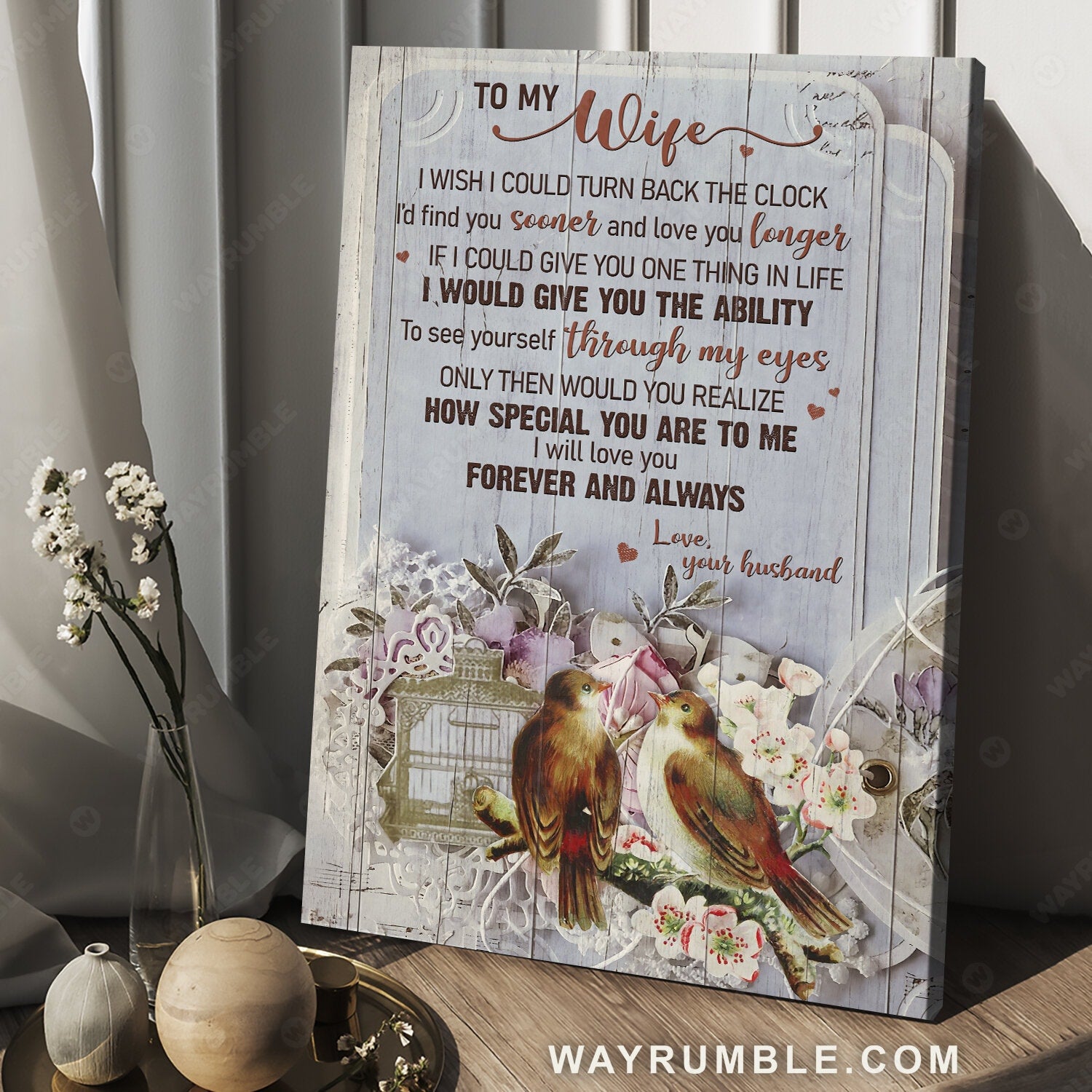 To my wife, Brown sparrow, White flower garden, I will love you forever and always - Family Portrait Canvas Prints, Wall Art