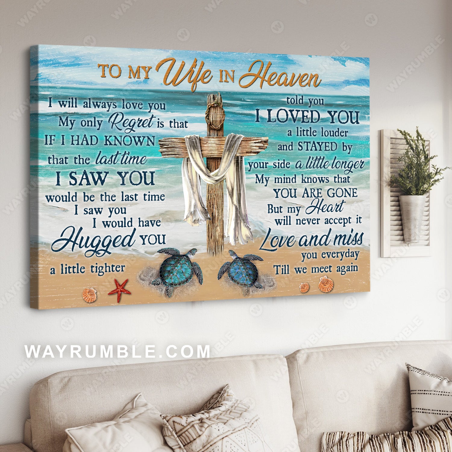 To my wife, Cross symbol, Beach painting, Blue turtle, Love and miss you everyday - Family Landscape Canvas Prints, Wall Art
