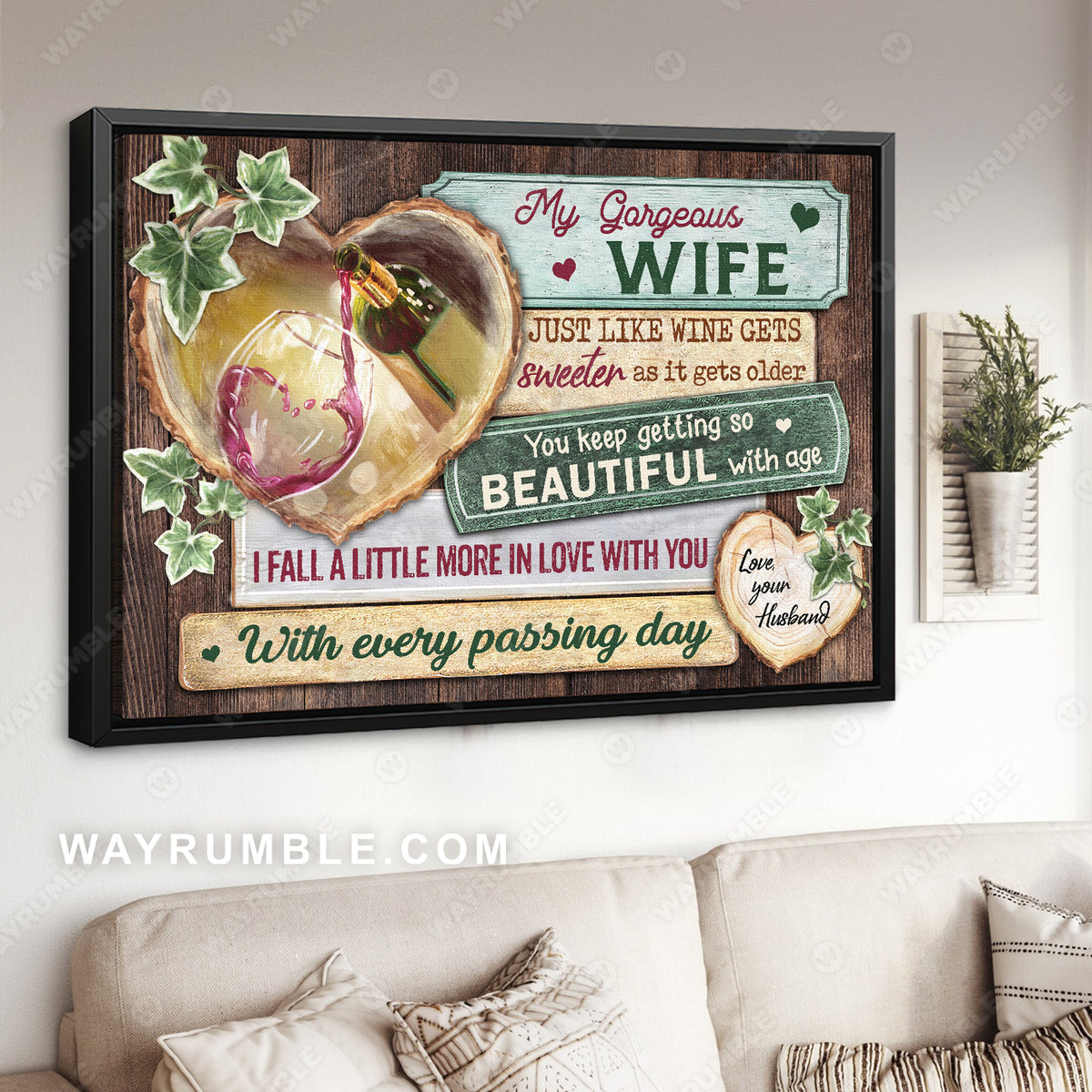 To my wife, Wine glass, Vintage painting, You keep getting so beautiful with age - Couple Landscape Canvas Prints, Wall Art