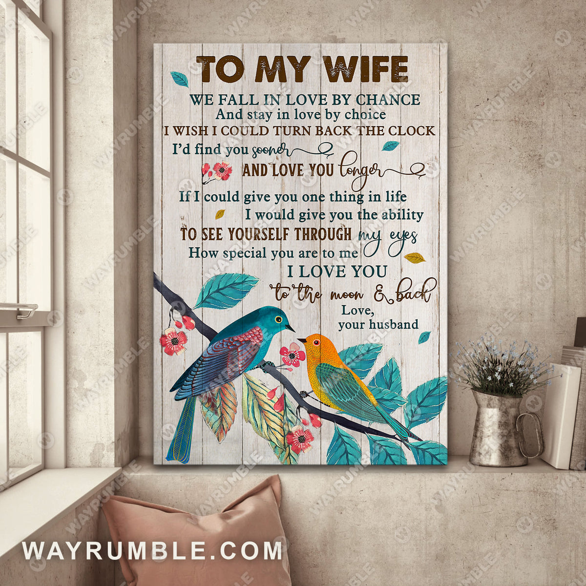 To my wife, Colorful nest bird, Pink flower, I love you to the moon and back - Couple Portrait Canvas Prints, Wall Art