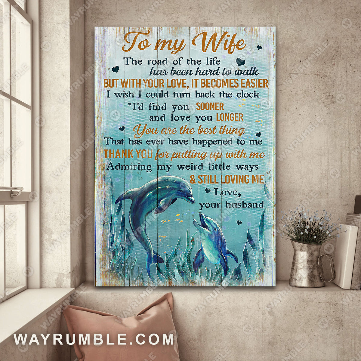To my wife, Dolphin painting, Thank you for putting up with me - Couple Portrait Canvas Prints, Wall Art