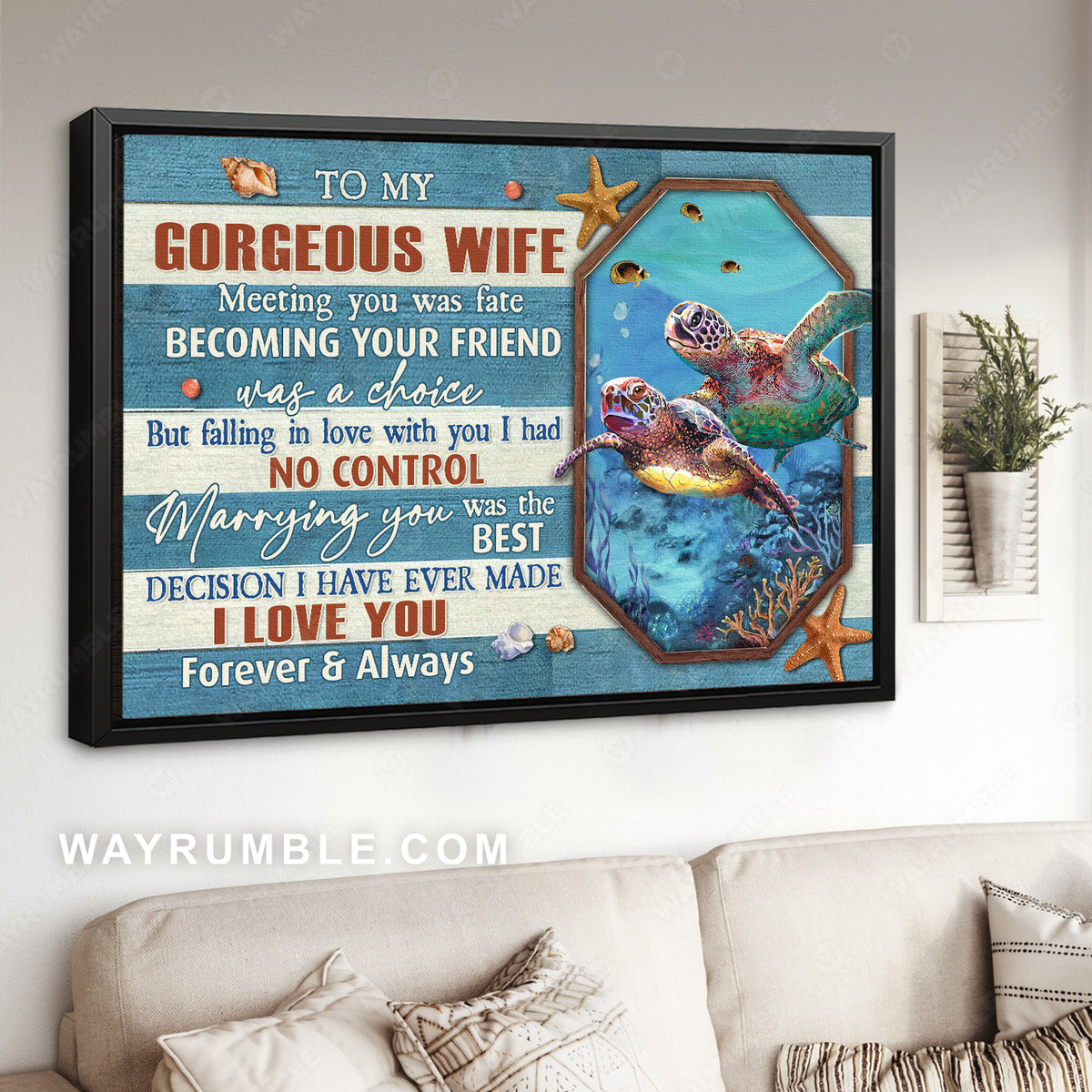 To my wife, Sea turtle drawing, Blue ocean, I love you forever and always - Family Landscape Canvas Prints, Wall Art