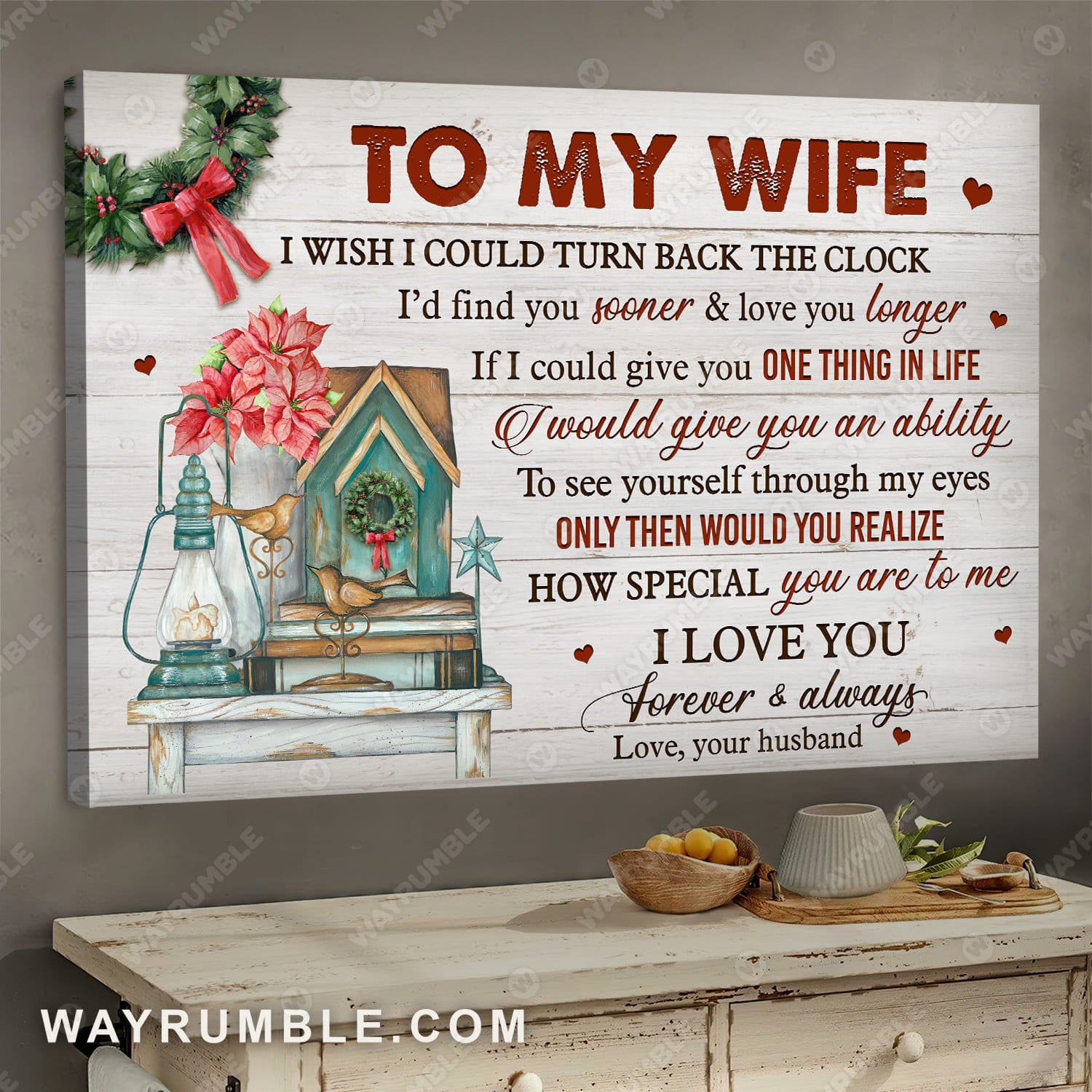 To my wife, Poinsettia flower, Bird house, I love you forever and always - Couple Landscape Canvas Prints, Wall Art