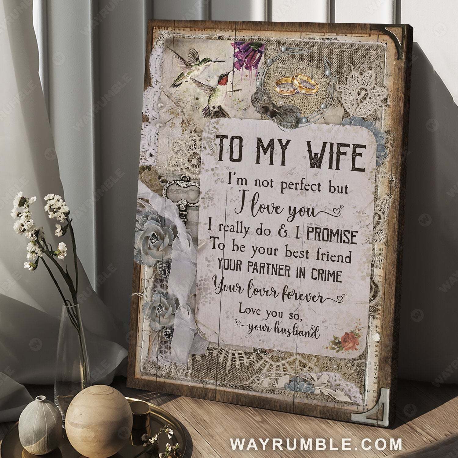 To my wife, Couple ring, Flower pattern, I'm not perfect but I love you - Couple Portrait Canvas Prints, Wall Art