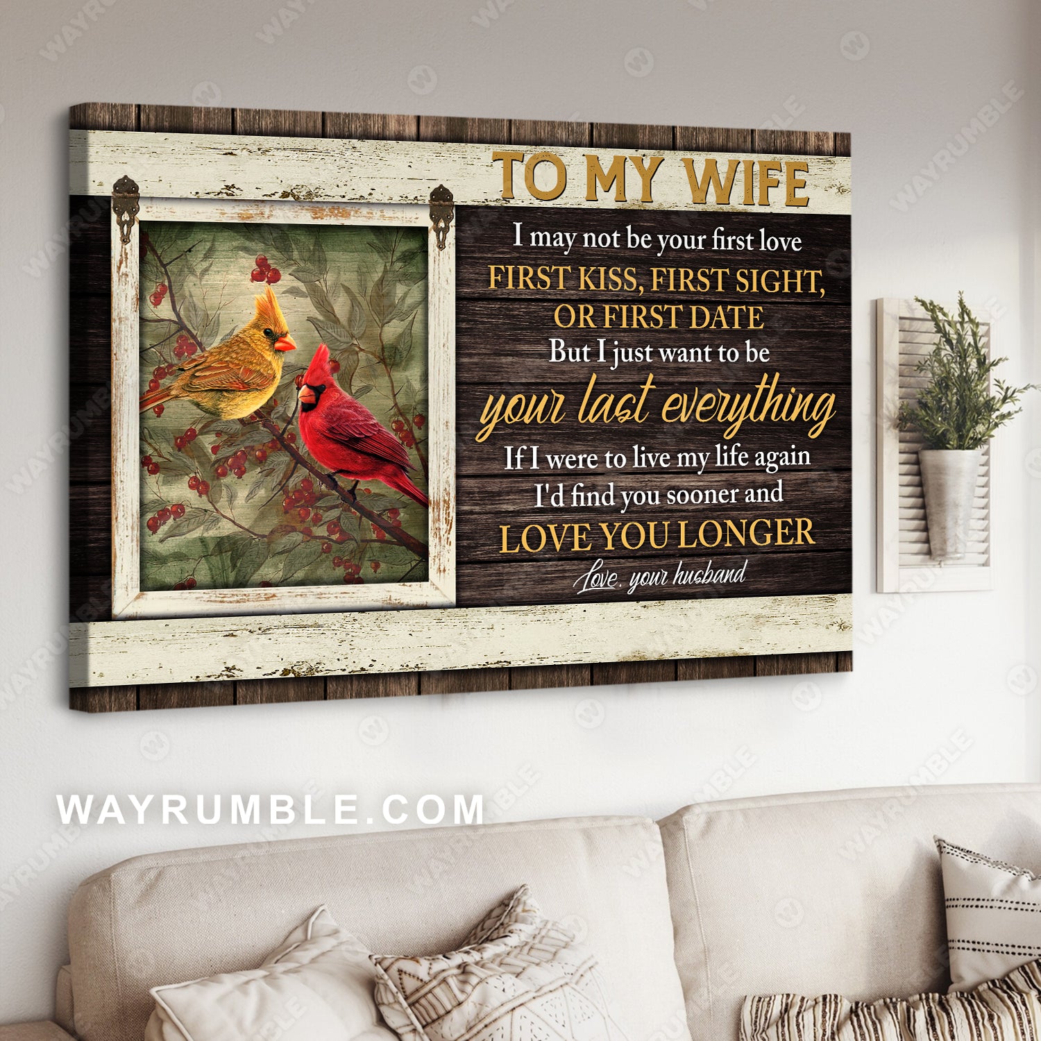 To my wife, Northern cardinal, Cranberry, Love you longer - Family Landscape Canvas Prints, Wall Art