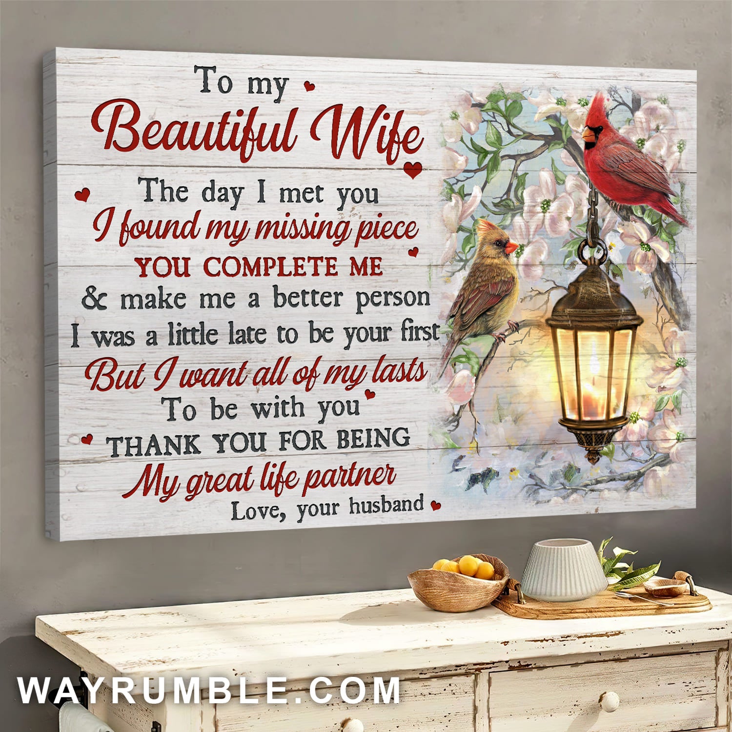 To my wife, Cardinal Couple, Lamp, Thank you for being my great life partner - Couple Landscape Canvas Prints, Wall Art