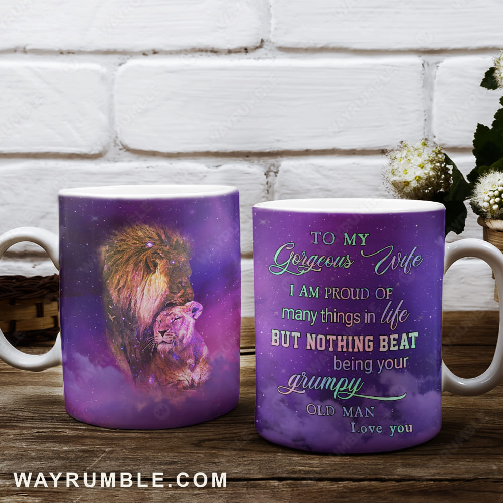 To my wife, Lion artwork, Purple background, Nothing beat being your grumpy old man - Couple AOP Mug