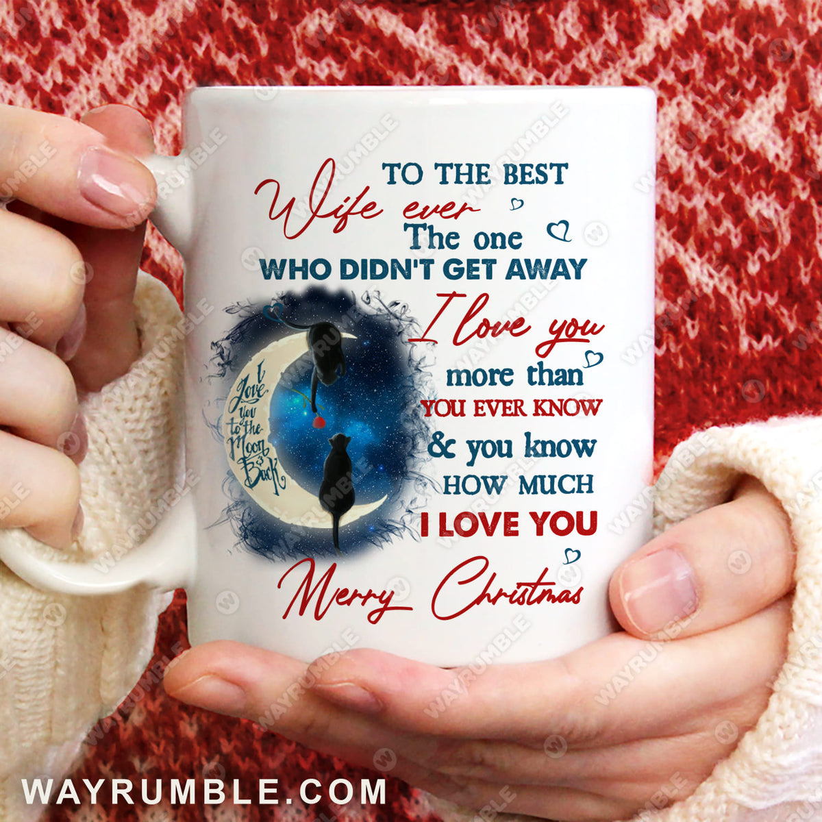 To my wife, Black cat, Full moon drawing, Christmas gift, I love you to the moon and back - Couple White Mug