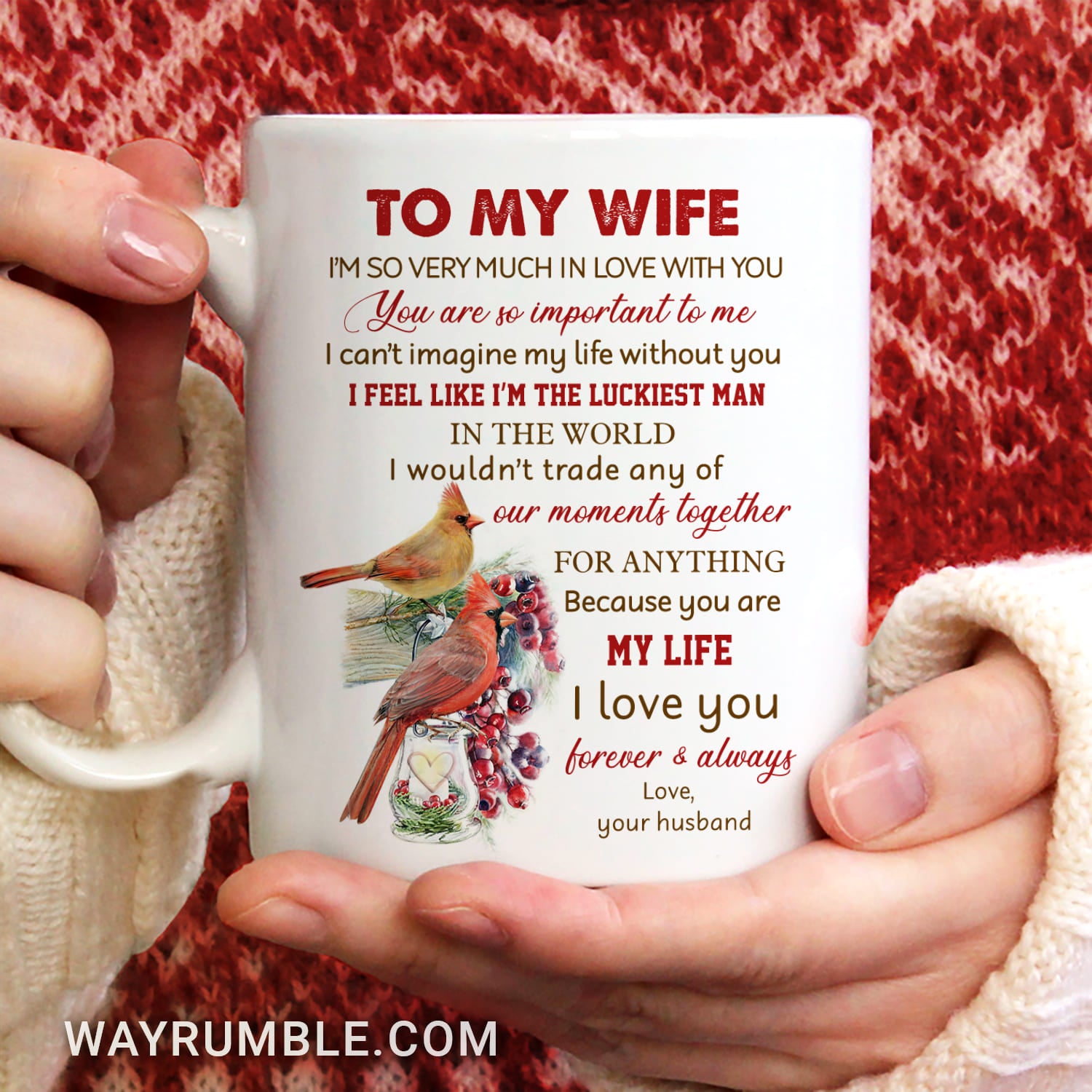 To my wife, Lucky cardinal drawing, Cranberry fruit, I Love you forever and always - Couple White Mug