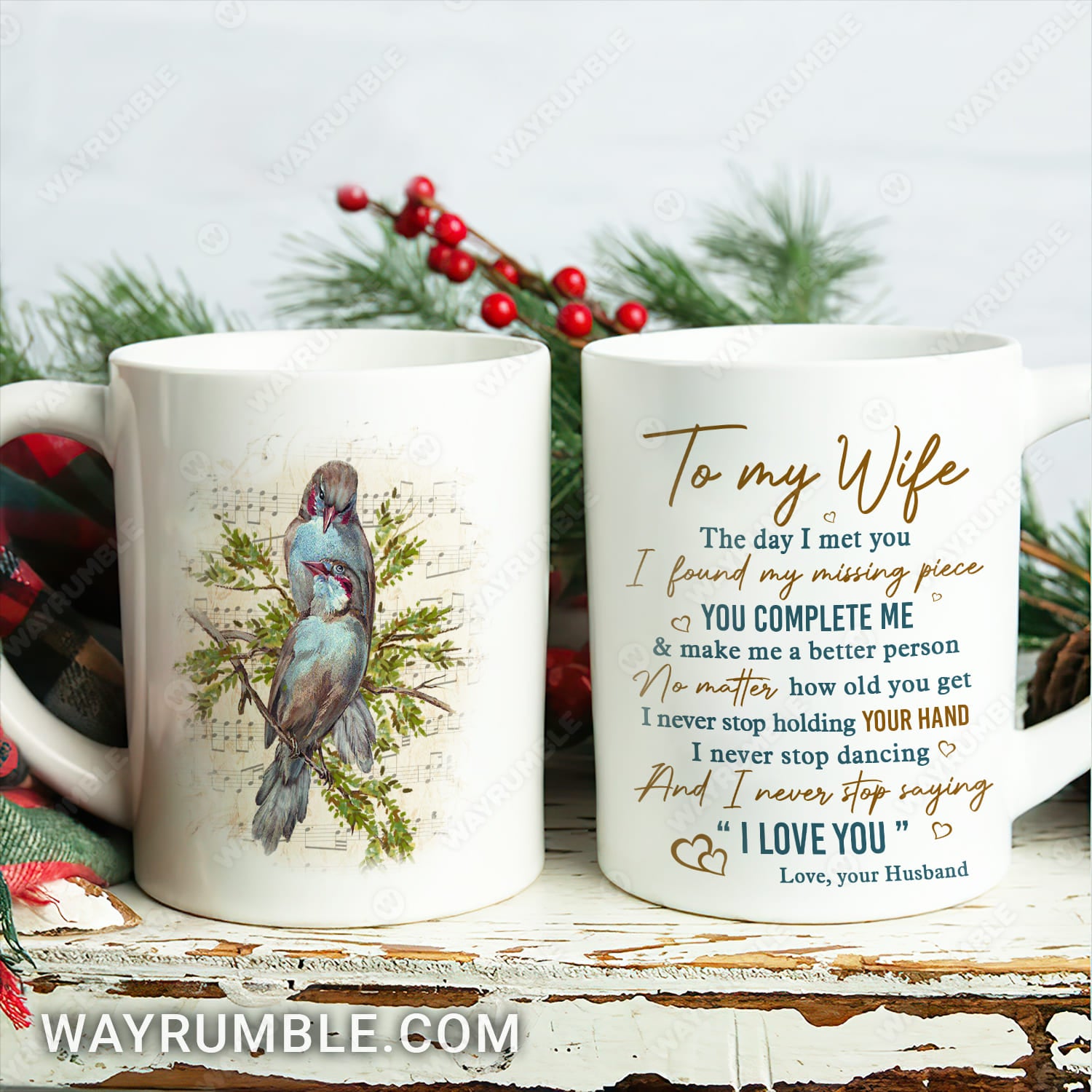 To my wife, Colorful birds, Sheet music, I never stop holding your hand - Couple White Mug